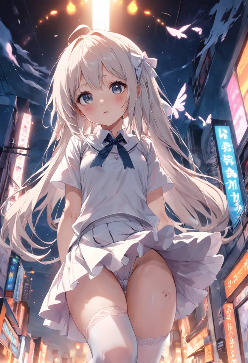 Cute ，Be controlled，Eyes are confused，Barefoot，white stockings，Lift the skirt，White underwear panties，adolable