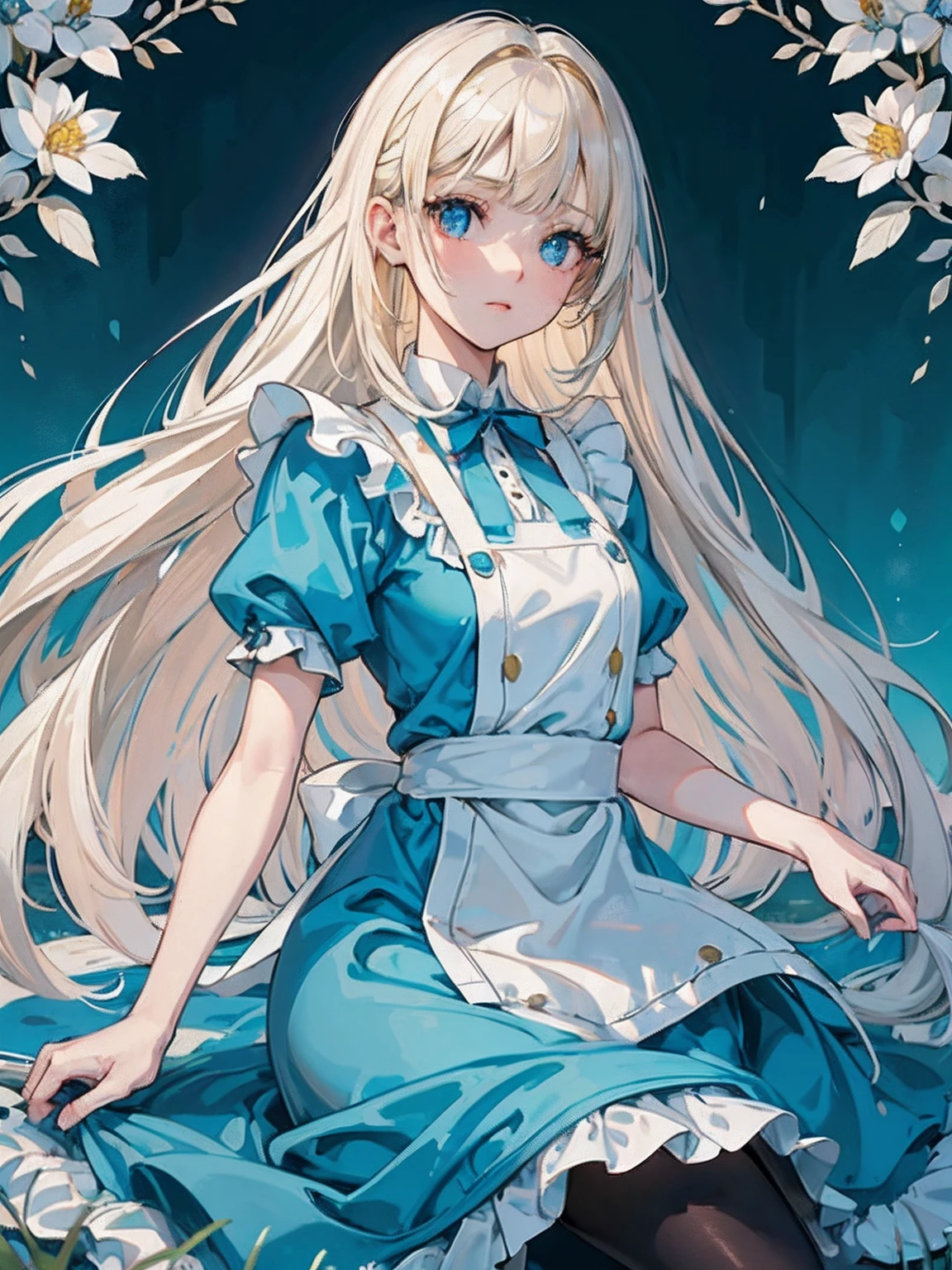 masterpiece, Highest quality, Very detailed, 16K, Ultra-high resolution, Cowboy Shot, Alice in Wonderland, (art nouveau:1.5), **-****-*** girl, Detailed face, smile, blue eyes,Blonde, Long Hair, Ribbon on head, Blue clothes, White apron, In a room with a big clock