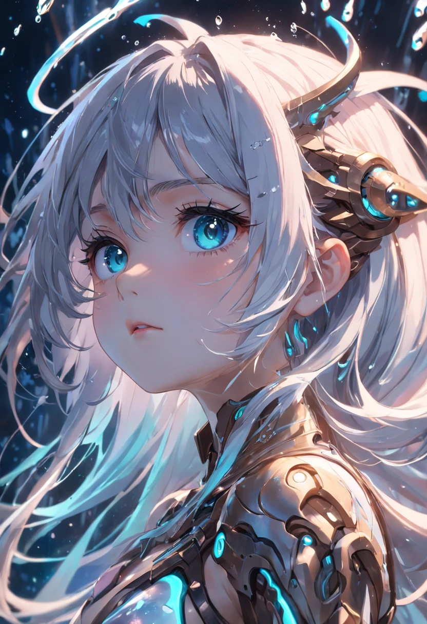 The best quality, high resolution, detailed 8k CG, masterpiece, amazing art, fine details, high details, complex details, long hair, girly feeling, Big watery eyes ,Delicate and delicate eyes, pure desire, lovely, young and beautiful, immortal,Flying ,,light and shadow, light,Gorgeous clothes,Cyberpunk, mecha girl, mechanical body,starry sky,A massive celestial body