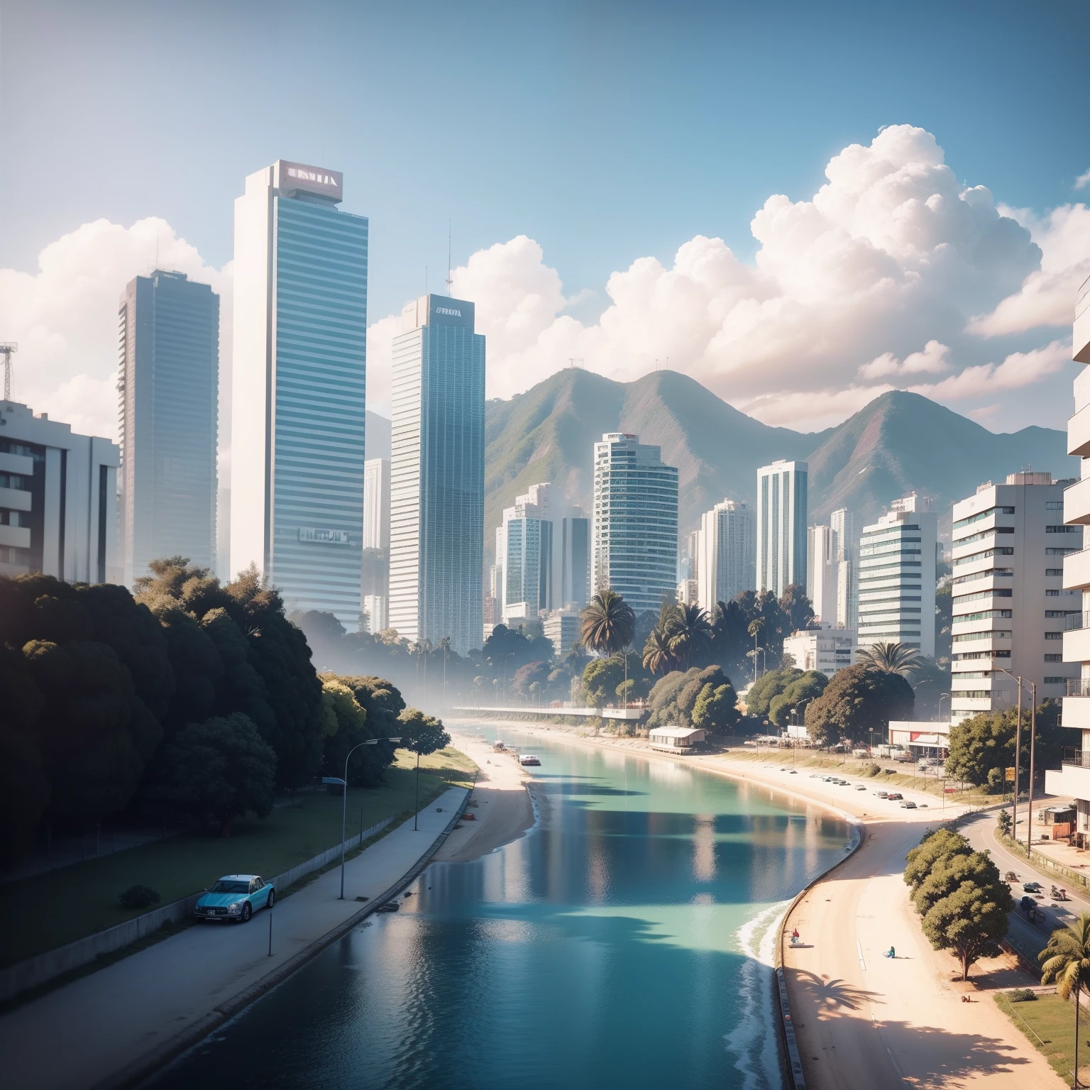 Create a realistic scenario, 8k, GTA5 style scenario, GTA5 Brazil version, São Paulo, Com um iate branco azul e prata no fundo.