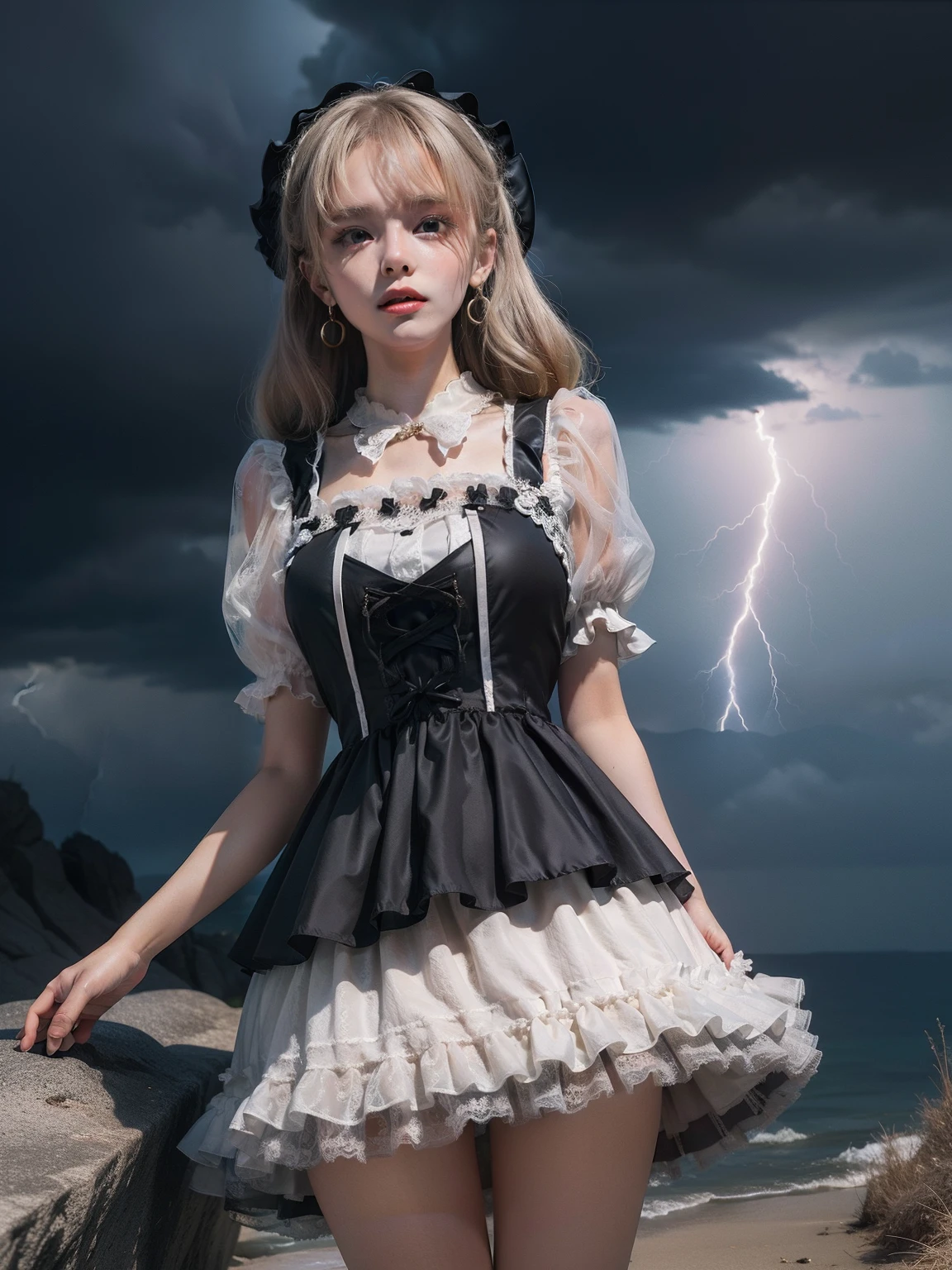 masutepiece, 8K,((Focus on the thighs))，High resolution whole body, surrealism, Cinematic lighting, god light,Layered processing (HD layers, People layer， Background image layer)，f/4.0, kanon，(The face is super clear)，hugefilesize，Shiny skin,Detailed skin,Detailed face, Detailed eyes, Goddess of the Storm,(Lolita dress miniskirt:1.5)， At the top of a huge canyon, The wind was blowing violently, Hair similar to the color of wind and lightning, nakeness, Bare chest, No top, Show off , Storm vortex pendant, Lightning earrings, Dark clouds loom like a storm, A thunderous scene，(Sky thunder and lightning scattered together)，