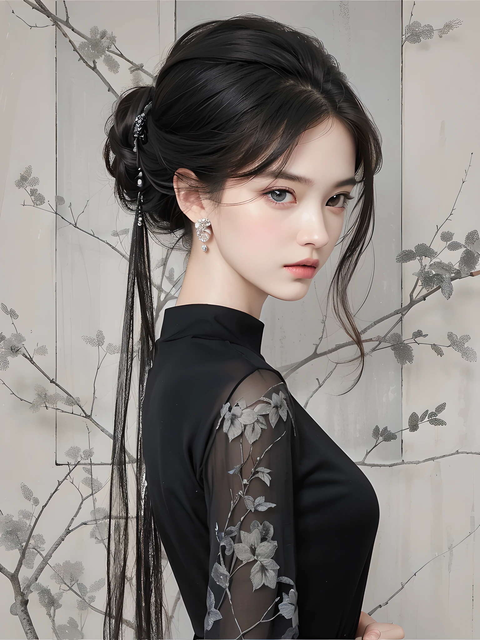 (photorealistic:1.4), best quality, masterpiece, ultra high res, 1girl, (detailed face:1.2), (detailed eyes:1.2), (detailed hair:1.2), (detailed clothes:1.2), 4k, (detailed color:1.2), (black long hair:1.2),