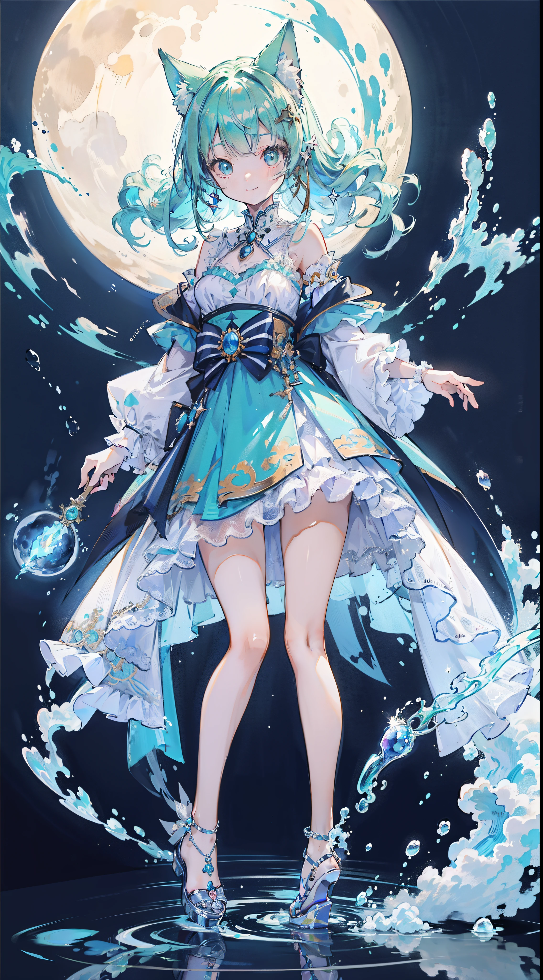 ((masutepiece, Best Quality:1.1))、8K、(Full body standing pose)、Beautiful girl with green hair,Curly,disheveled hair,Cat's ears, white dres,A deep blue gemstone is set on the chest.......,bare-legged,Wear a blue ankle ring on your ankle,(Holds the azure jewelry wand perfectly),Behind him are stars in the night sky with shooting stars flowing,The moon is in the sky、With a smile