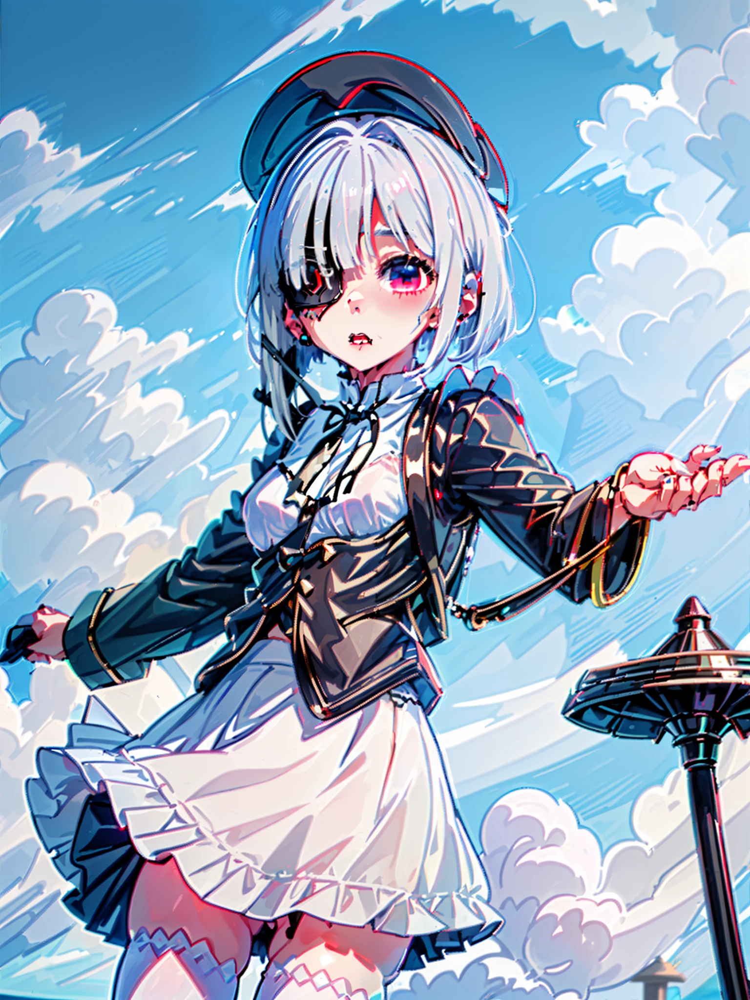 white  hair,an eye patch,Wolfcut,4k wallpaper、hightquality、Beach、Mini skirt、knee high socks、piercings、female pervert、An ultra-high picture quality