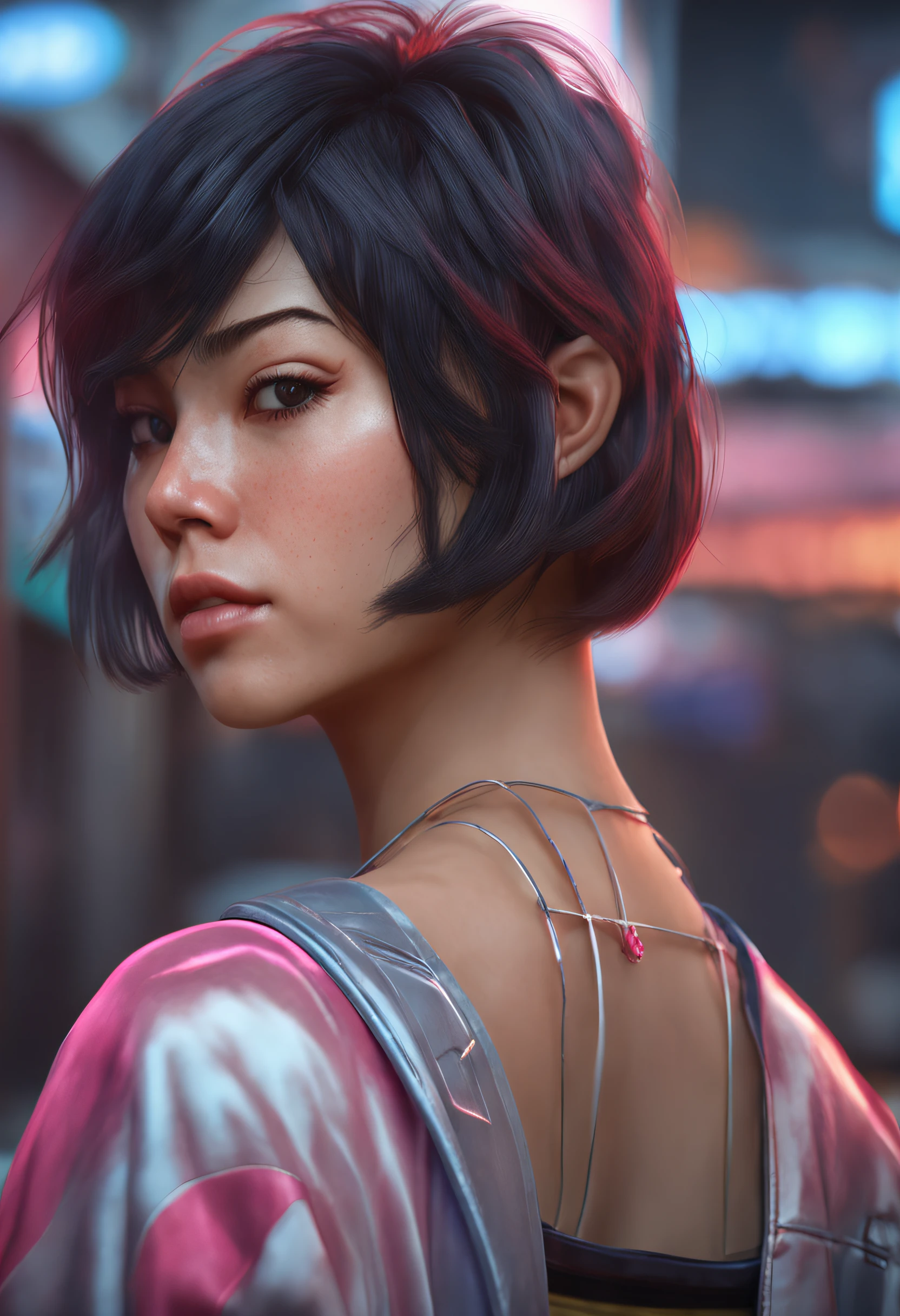 Digital portrait of gorgous japanese short hair woman, beautifull face, intrikate, films, A realistic epic, unreal engine 5, splendid, Stunning color grading, trending on Artstation, photography, Cinematic cinematography, Drawing Artgerm and Ross' style