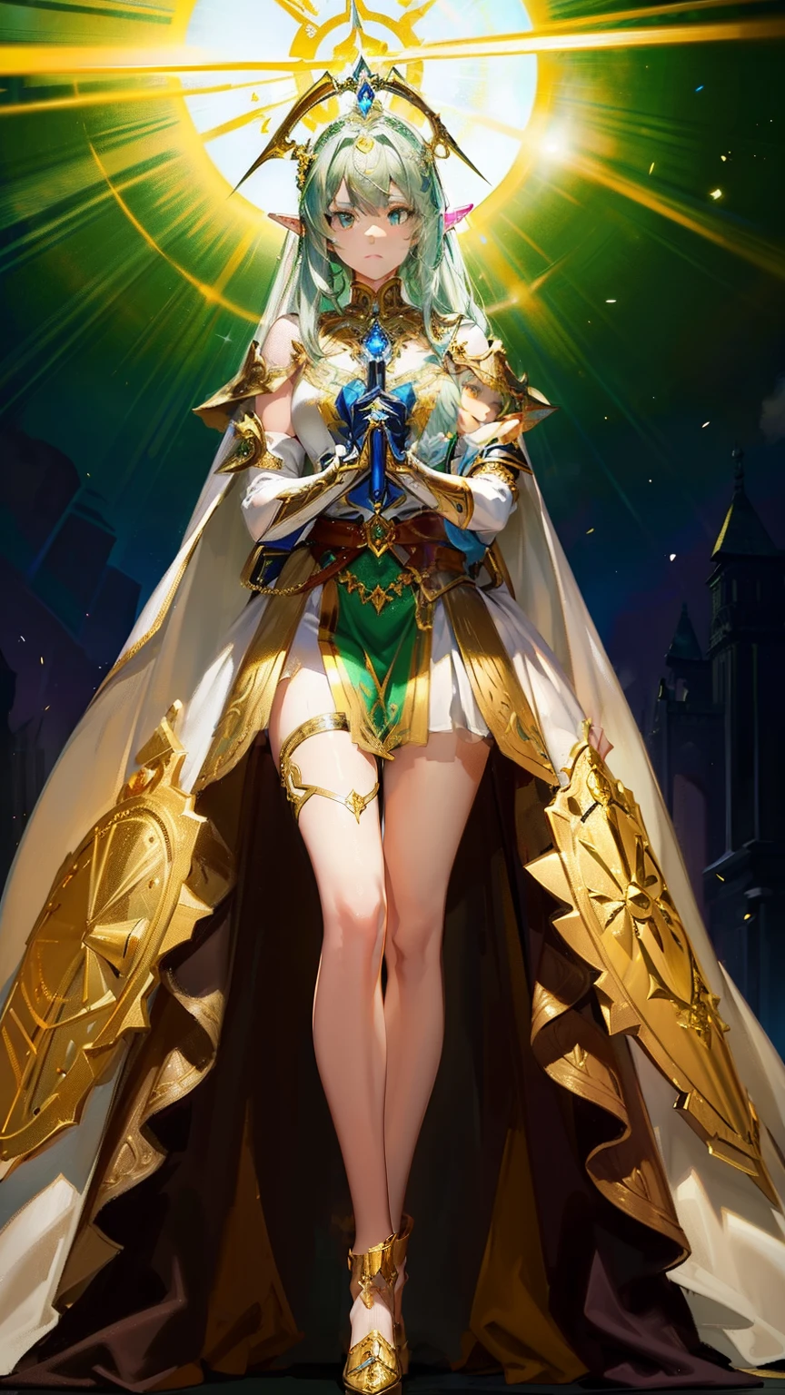female elf royal paladin, fairy crest, breast expose, golden and silver color armor with fairy icon and steel battle armor skirt, short design hand silver glove, golden color cape, golden belt, huge magic circle behind, pauldron in fairy style, silver color bracelet, ((right hand holding silver color huge board sword and left hand holding silver color huge shield)), multicolor golden and green color hair, empress aura, glowing green color pupil, 16k best anime wallpaper quality, masterpieces, solo, extreme pupil detail, fantasy mythic art, movie lighting, original character, heavy make up, holy glowing and windy effect, figure body shape, church background, standing still