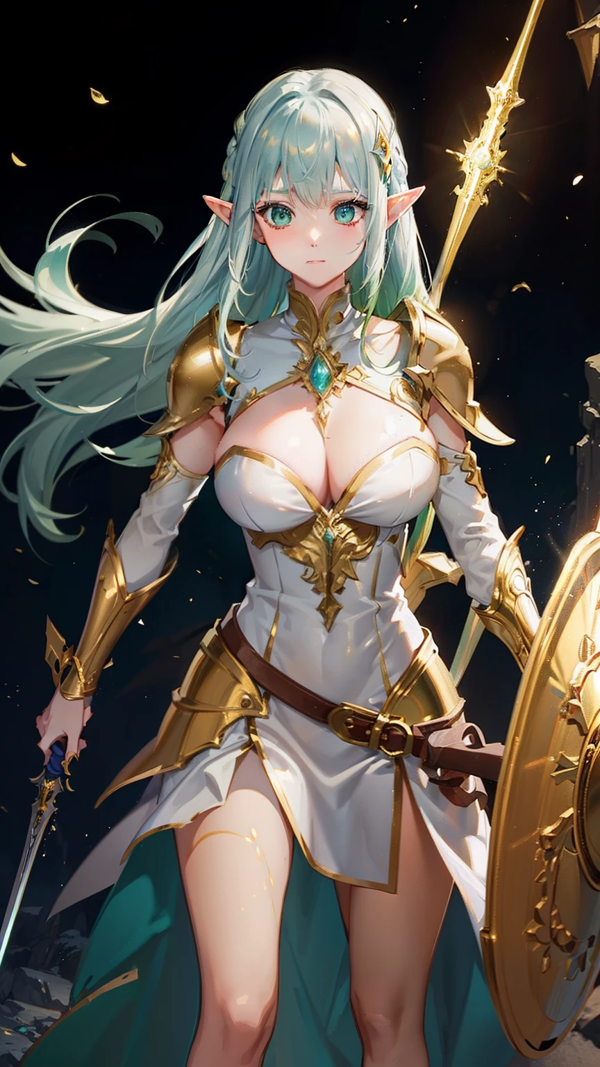 female elf royal paladin, fairy crest, breast expose, golden and silver color armor with fairy icon and steel battle armor skirt, short design hand silver glove, golden color cape, golden belt, huge magic circle behind, pauldron in fairy style, silver color bracelet, ((right hand holding silver color huge board sword and left hand holding silver color huge shield)), multicolor golden and green color hair, empress aura, glowing green color pupil, 16k best anime wallpaper quality, masterpieces, solo, extreme pupil detail, fantasy mythic art, movie lighting, original character, heavy make up, holy glowing and windy effect, figure body shape, church background, standing still
