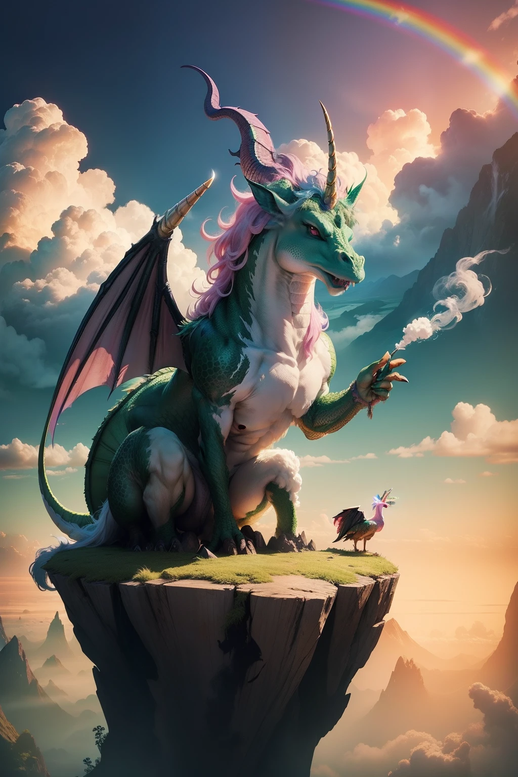 Green Dragon, unicorn horn, smoke coming out of the mouth, Island, Cloud, Rainbow, sky, bird, pink wings