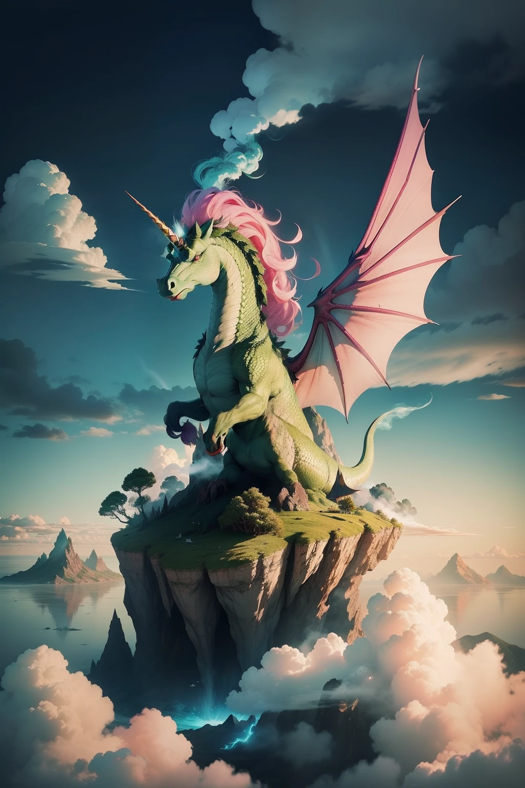 Green Dragon, unicorn horn, smoke coming out of the mouth, Island, Cloud, Rainbow, sky, bird， pink wings