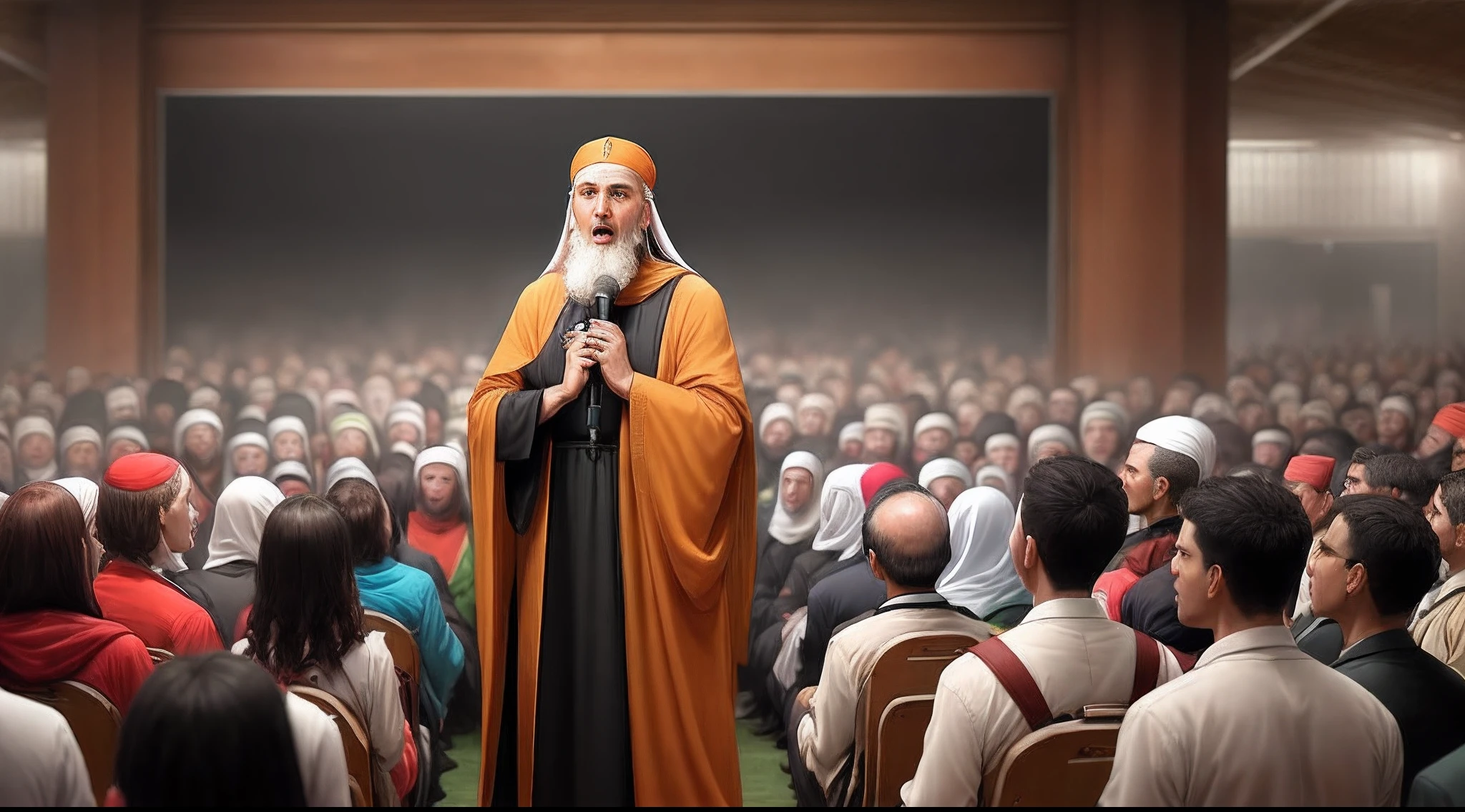 Prophet giving a sermon facing people in a crowded place