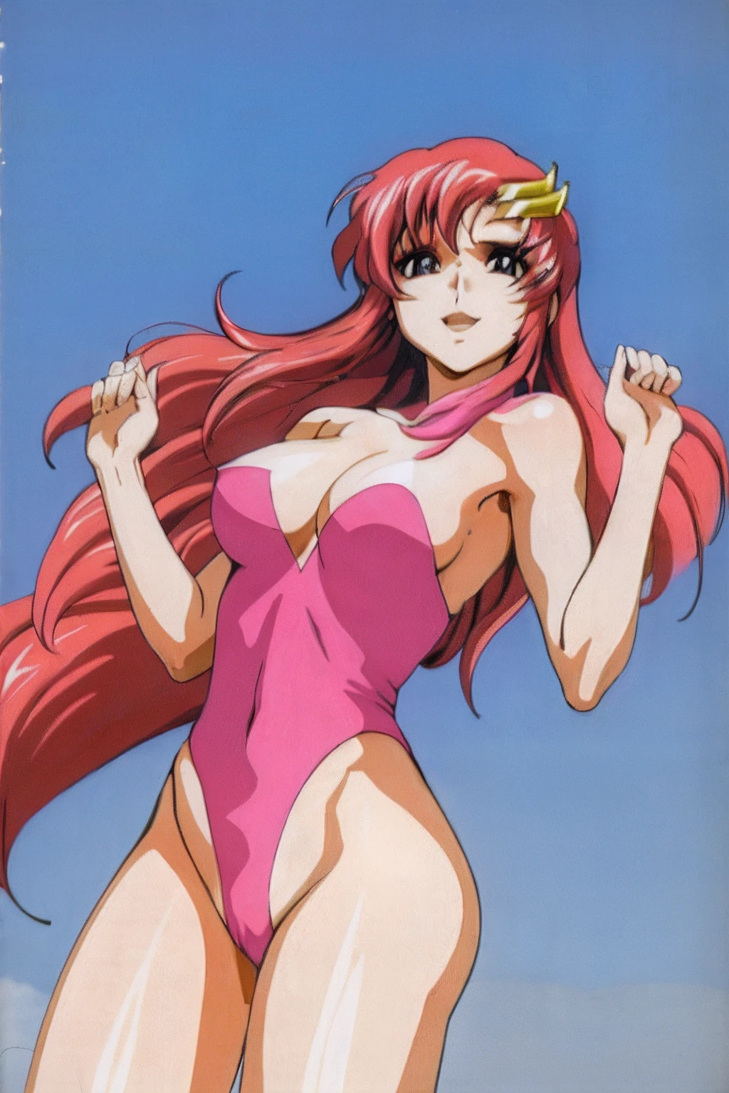 (masterpiece, 4K, Best Quality, Anime style: 1.9, bold drawing lines, High color saturation, Detailed face, tall, Adult Woman, lovely, (cloud background), Drawing lines, high resolution, Anime, lacus4), 1girl in, Solo, curvy figure, Long hair, 鎖骨, scapular, Wavy Hair, Detailed wide hair bangs, Hair Ornament, Detailed reddish-pink hair, cleavage, large hands, Big blue eyes, Smile, closed mouth, Very happy, closed fists, (laughing, open mouth), ((medium breasts)), (strapless wrestling leotard, bare thighs, strong arms, biceps, rib lines, lip stick, (lean forward), legs