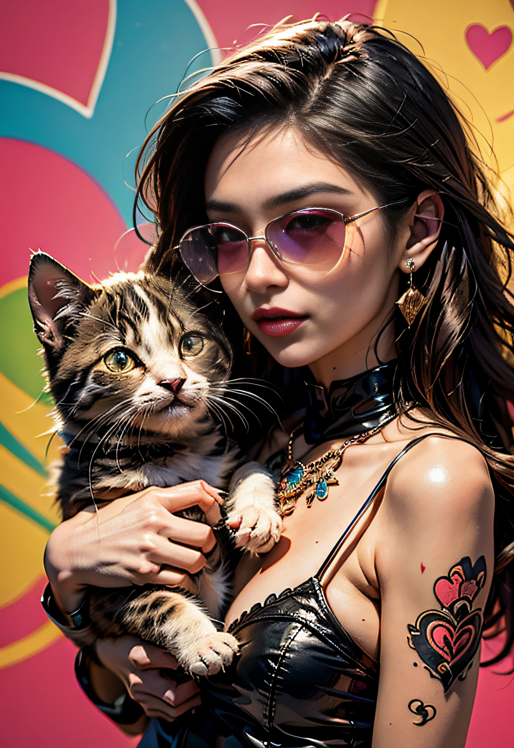 tmasterpiece、top-quality、highestdetailed、Psychedelic kitten design wearing brightly colored pink heart-shaped sunglasses、The is very detailed、Rich in color、Excellent details、Effective portrayal