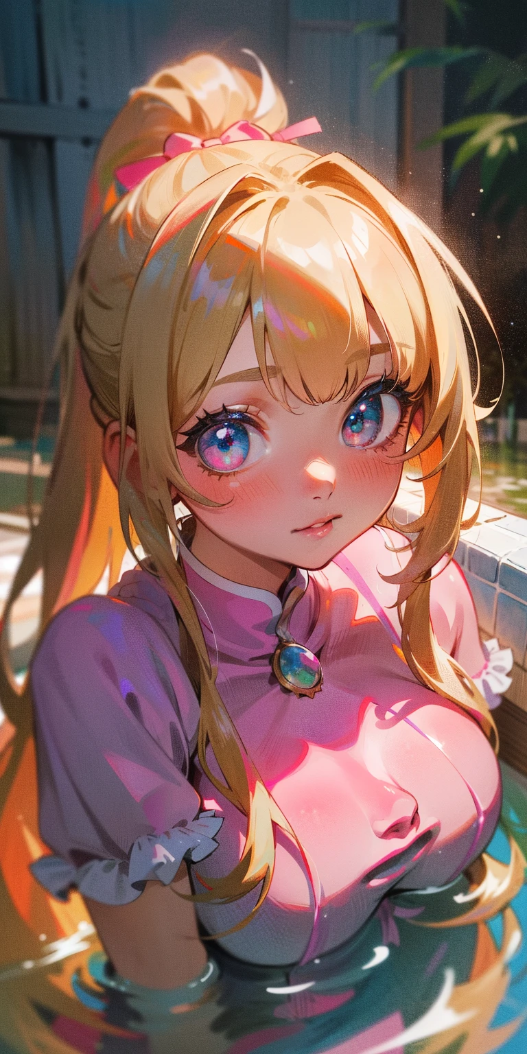 (8K, 4K, Best Quality, hight resolution:1.2), (maasterpiece, Realistic, photos realistic:1.37), 1girll, Solo, Beautiful face, eye lashes, nase, Glossy lips, (Detailed eyes, view the viewer, Fair skin, White skin:1.5), fine complexion, Upper body,
Large breasts, busty, , (:1.5),
outdoor bath,
twosideup, absurdly long hair, Ponytail of Blonde Hair, Pink , Bangs, hair adornments, Bow,
Younger, aged down,