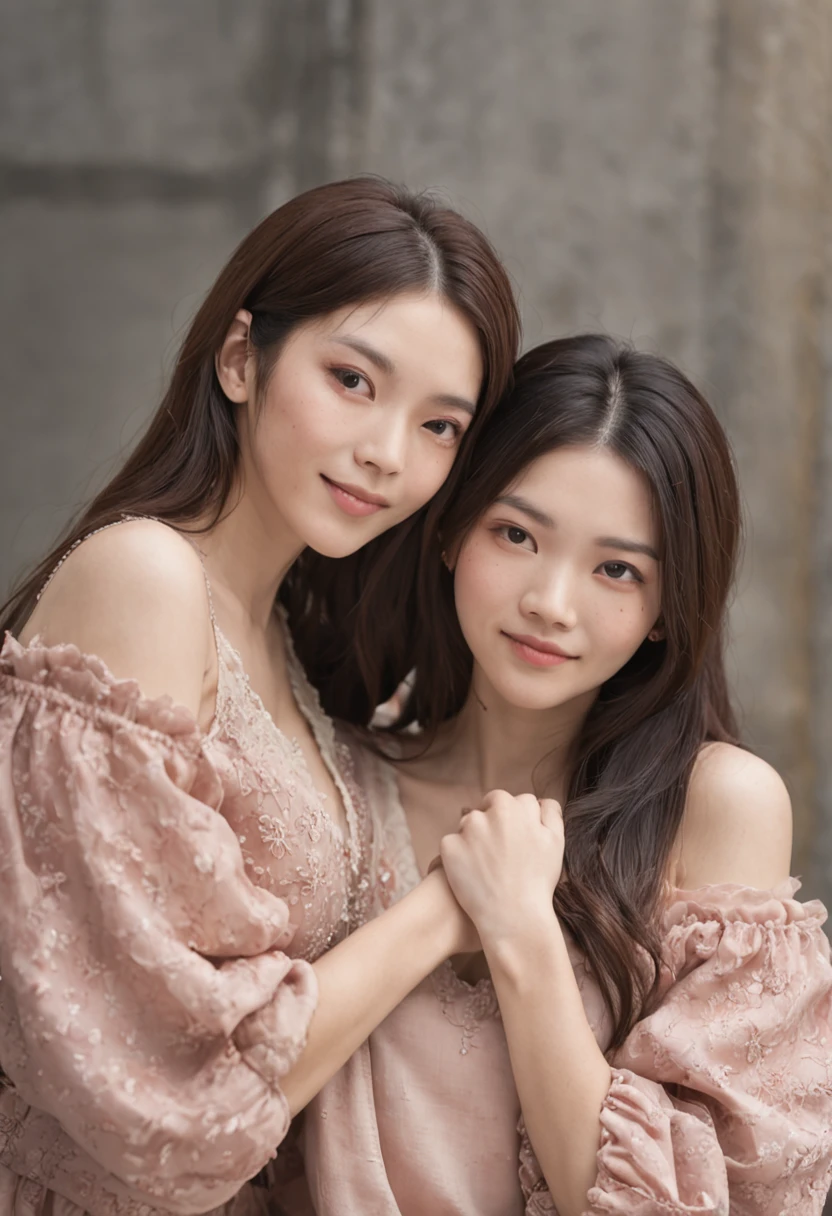 cool lady、japanes、Longhaire、A dark-haired、very large breast、Questionable smile、Put both hands on your cheeks、Photograph of two women、2People cross their arms、Cross-eyed、Hanging、narrow her eyes、lyin in bed