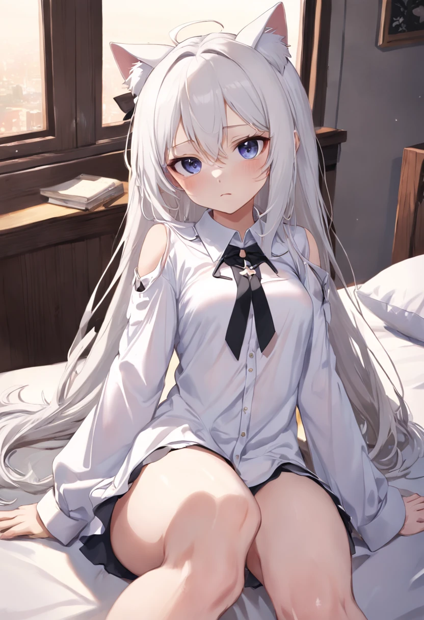 white long sleeve shirt,Shirt length to thigh,Bare shoulders,Cat ears,shyexpression,Hang your hands at your sides,Open white shirt,Shoulders exposed,Cute ,long whitr hair,Leaky shoulders,Barefoot,head looking up,Lie on the ground,Raise your feet,shift dresses,white panties,largeeyes,Anime cute face,Lolig white socks,Masturbation,White hair,long whitr hair,Lolita s,Sleep peacefully in bed