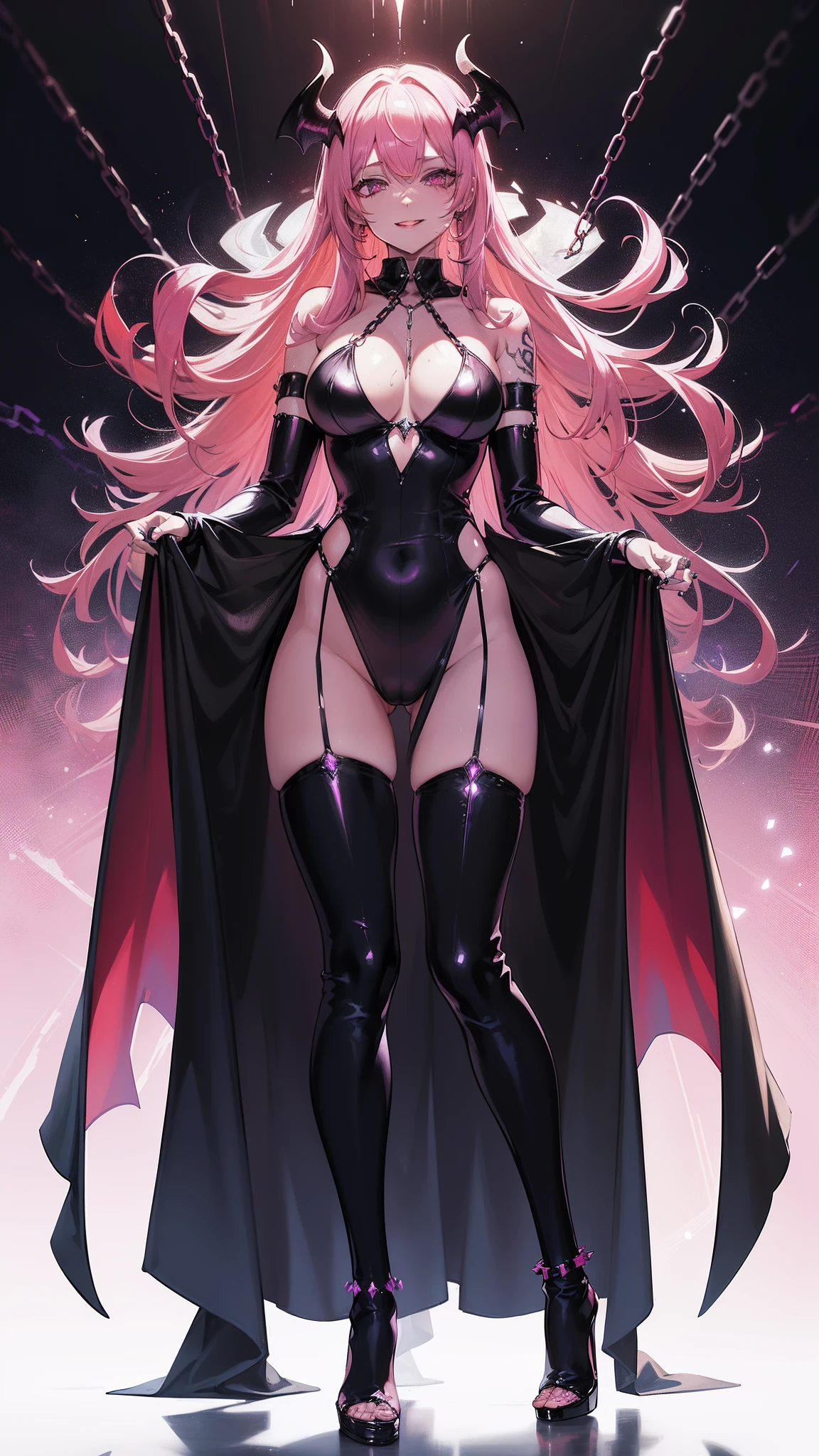 succubus super heroiene, ((wet thin silk jumpsuit, long cape with swag collar, chain belt, armlet, devil shape brooch, wristband, crotch tattoo, virgin)), (evil charming aura, raining effect, pink glowing pupil, succubus make up, perfect body shape, smiling face, pink purple color hair, dark skin), (masterpieces, fantasy art, extreme body detail, high resolution, original character, best anime 4k wallpaper quality), toilet background, full body shot, hand on face