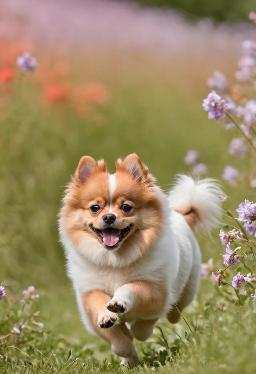 German spitz dog running in the flowery field, feliz com seu dono ao fundo desfocado