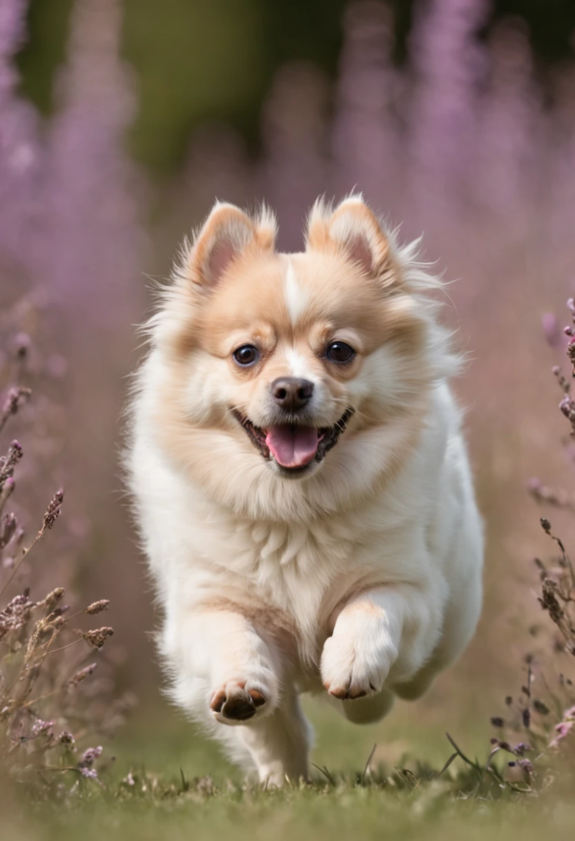 German spitz dog running in the flowery field, feliz com seu dono ao fundo desfocado