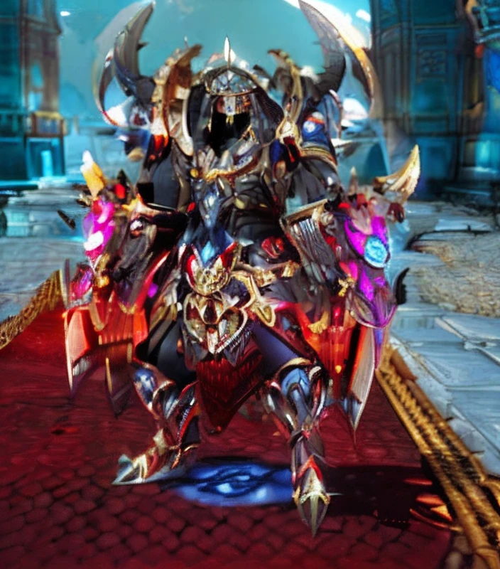 a close up of a ancient warrior with two large high tech gloves, black fire color reflected armor, ornate supreme demon overlord, epic paladin armor, draconic looking armor, intricate legendary armor, sliver ice color reflected armor, corrupted armor, demon armor, ornate armor, plated armor intricate, heavy gold obsidian armor, intricate fractal armor, demonic dragon inspired armor
