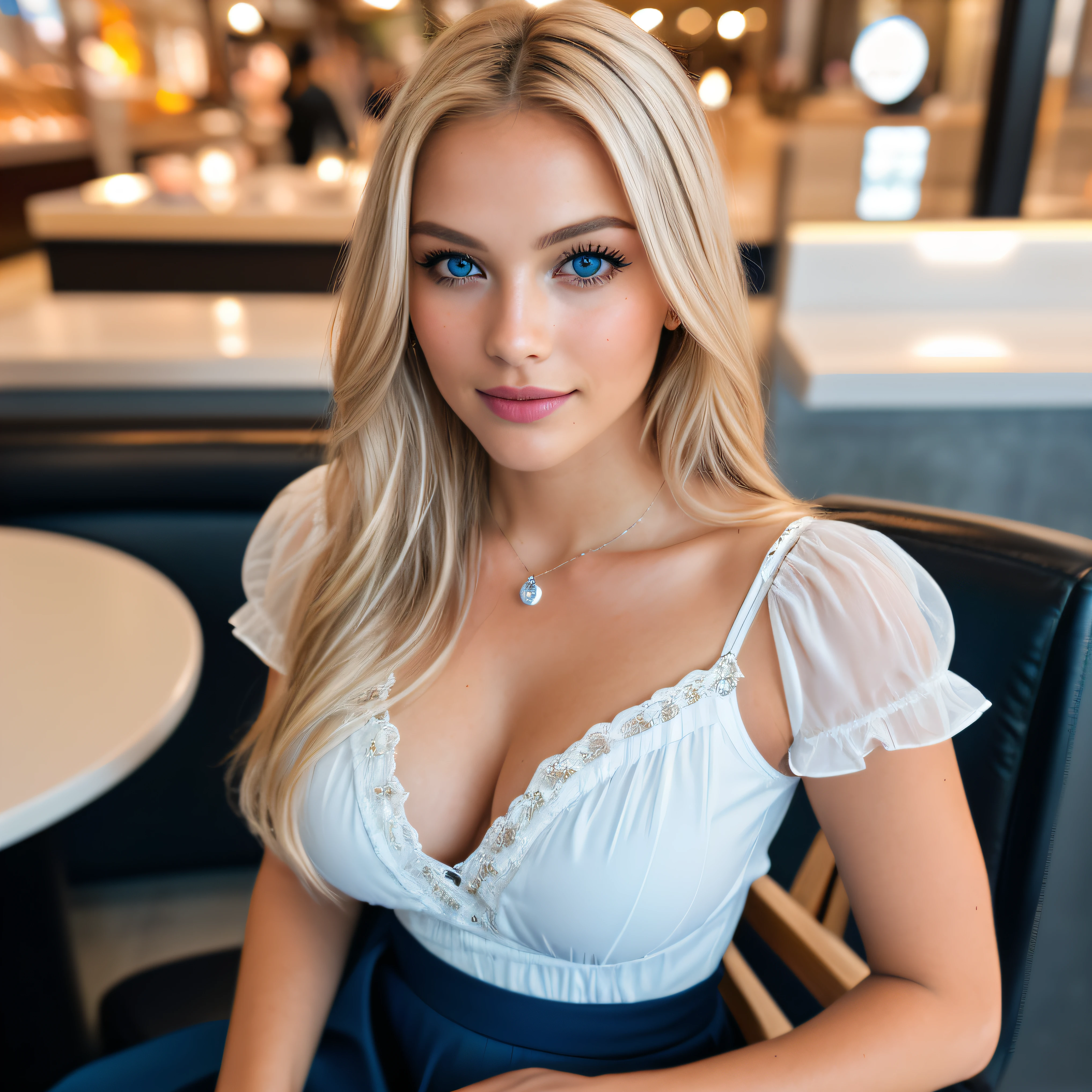 (selfie, top view: 1.4), (straight all of the body: 1.4), RAW UHD portrait photo of a 24-year-old blonde (blue-eyed woman) sitting on chair with barefoot, large breasts,, white walls room with flowers, (skirt), (neckline), details (textures! , hair! , glitter, color!! , disadvantages: 1.1), glossy eyes with high detail (looking at the camera), SLR lighting, SLR camera, ultra-quality, sharpness, depth of field, film grain (center), Fujifilm XT3, crystal clear, frame center, beautiful face, sharp focus, in the mall, neon lighting, bokeh (dimly lit), day, detailed skin pores, oily skin, sunburn, complex eye details, full body, large breasts