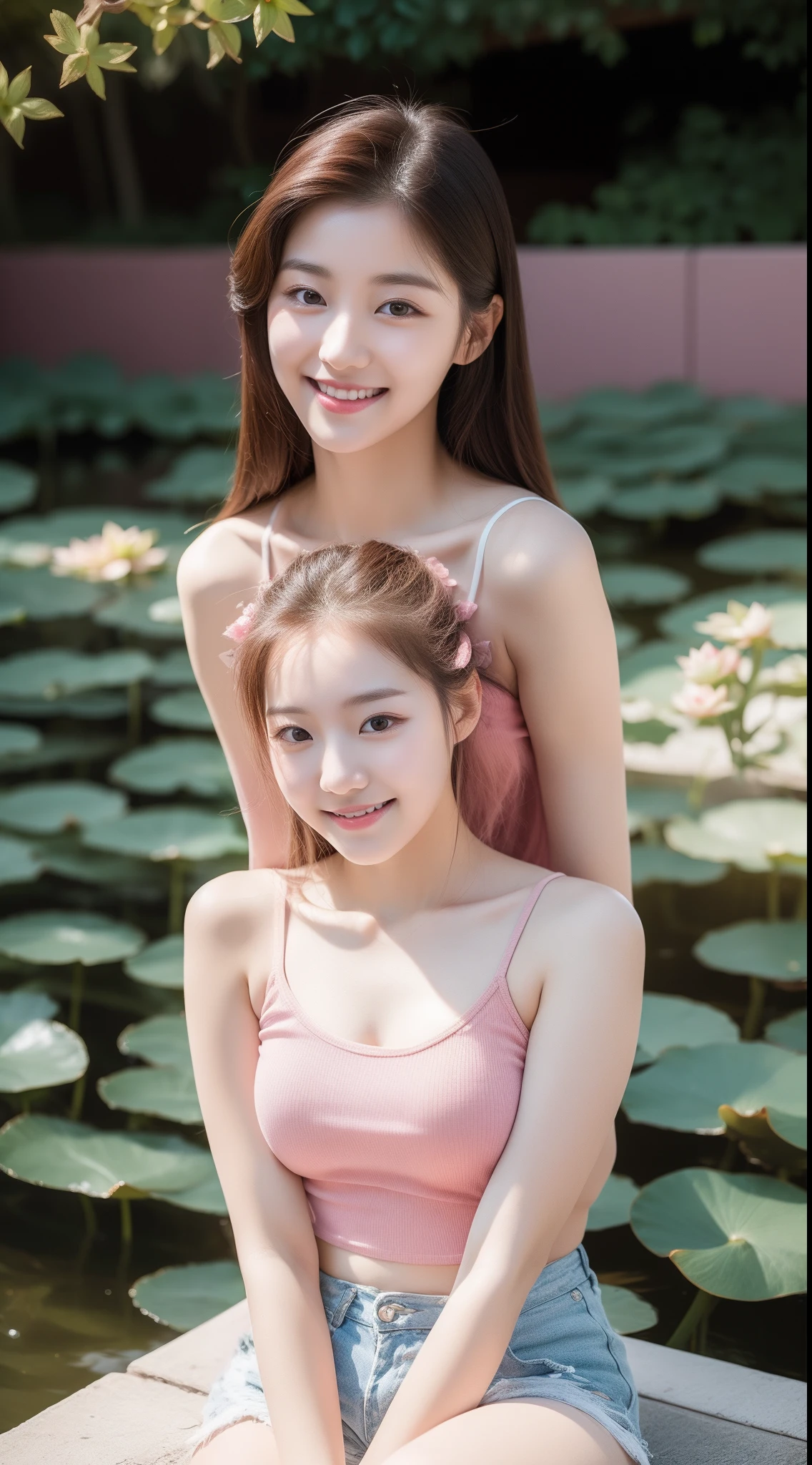 realistic photos of (1 cute Korean star), hair between eyes, white skin, thin makeup, 32 inch breasts size, slightly smile, pink camisole, shorts, sitting in the garden, lotus pond is backdrop, close-up, backlighting, 16k