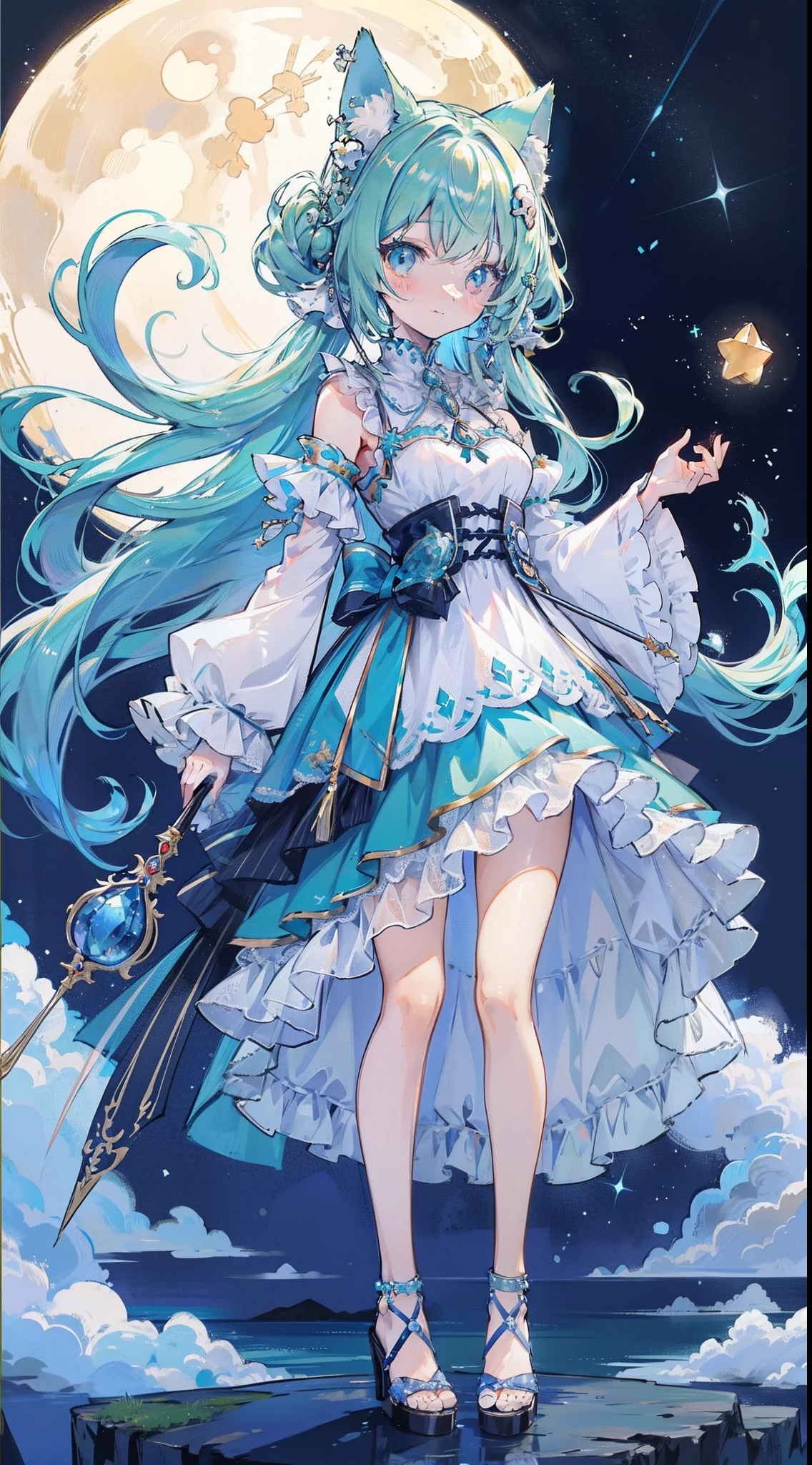 ((masutepiece, Best Quality:1.1))、8K、(Full body standing pose)、Beautiful girl with green hair,Curly,disheveled hair,Cat's ears, white dres,A deep blue gemstone is set on the chest.......,bare-legged,Wear a blue ankle ring on your ankle,(Holds the azure jewelry wand perfectly),Behind him are stars in the night sky with shooting stars flowing,The moon is in the sky、With a smile