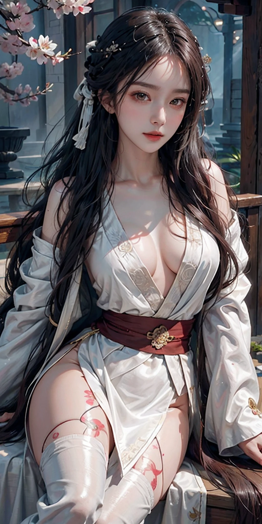 photorealistic, high resolution, soft light,1women, solo, hips up, shining skin, (detailed face),tattoo, jewelry, hanfu, cloak, cherry blossom, night, white wavy hair, Beautiful Soldier, Eyes That Invite Viewer, Lover's Perspective, Inviting Expression, Perfect Style, Perfect Balance, Detailed Skin, Naughty Gaze, Chest Visible