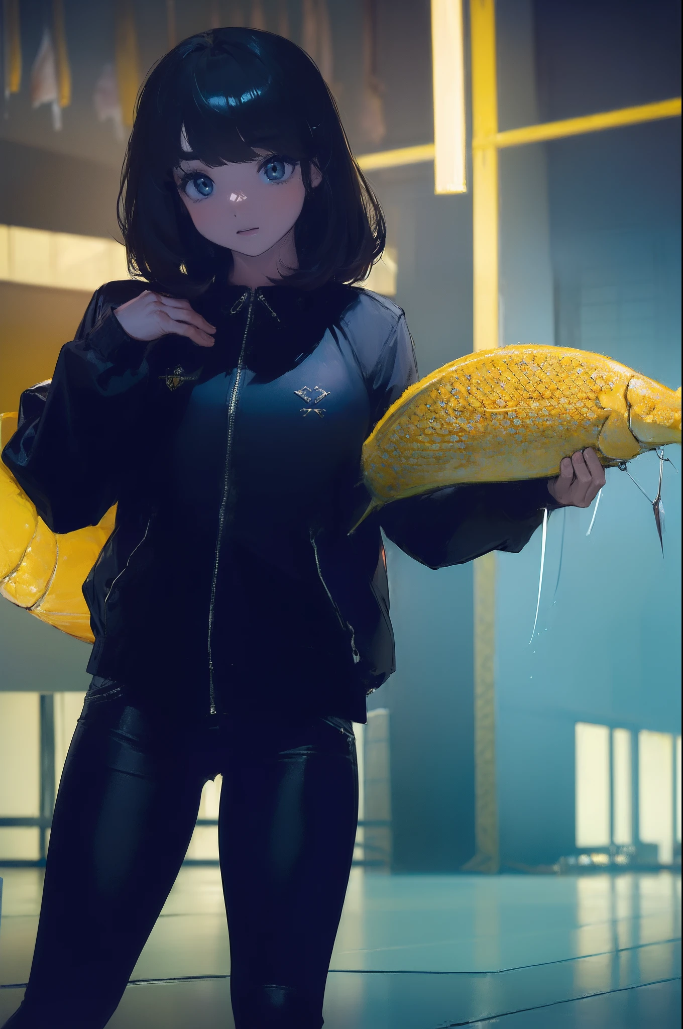 ((((catching a big fish by the lakeside:1.5)))),((Female 28 years old)),((Best Quality:1.5)),(((Hands with the correct number and structure of fingers:1.4))),((Big fish:1.37)),hight resolution,ultra-detailliert,masterpiece,best qualtiy,(Eight-headed body),Black hair, long eyes-lashes, Solid Circle Eyes, drop shadow, Atmospheric perspective,Super Detail, ccurate, small brest,(Black jacket and black jeans :1.1),top-quality, blurry backround, bokeh dof:1.2, (masterpiece:1.3), Atmospheric perspective,Super Detail,dynamic compositions,