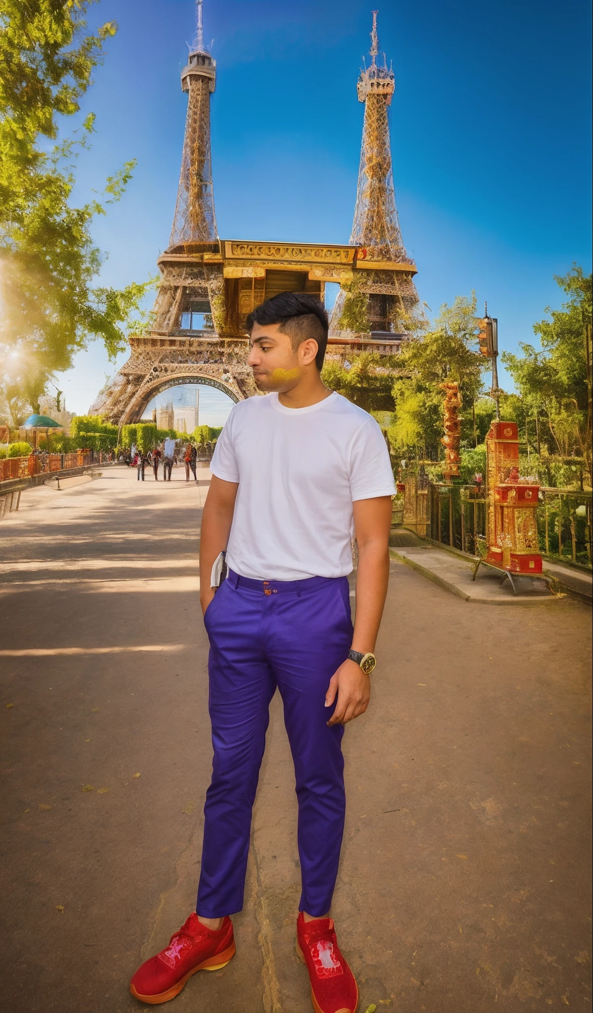 araffe standing in front of the eiffel tower in paris, in front of a temple, with a park in the background, full body photogenic shot, park in background, very artistic pose, connected with hanging bridge!!, in front of a forest background, standing near a castle, taken with the best dlsr camera, taken with sony alpha 9, scenary
