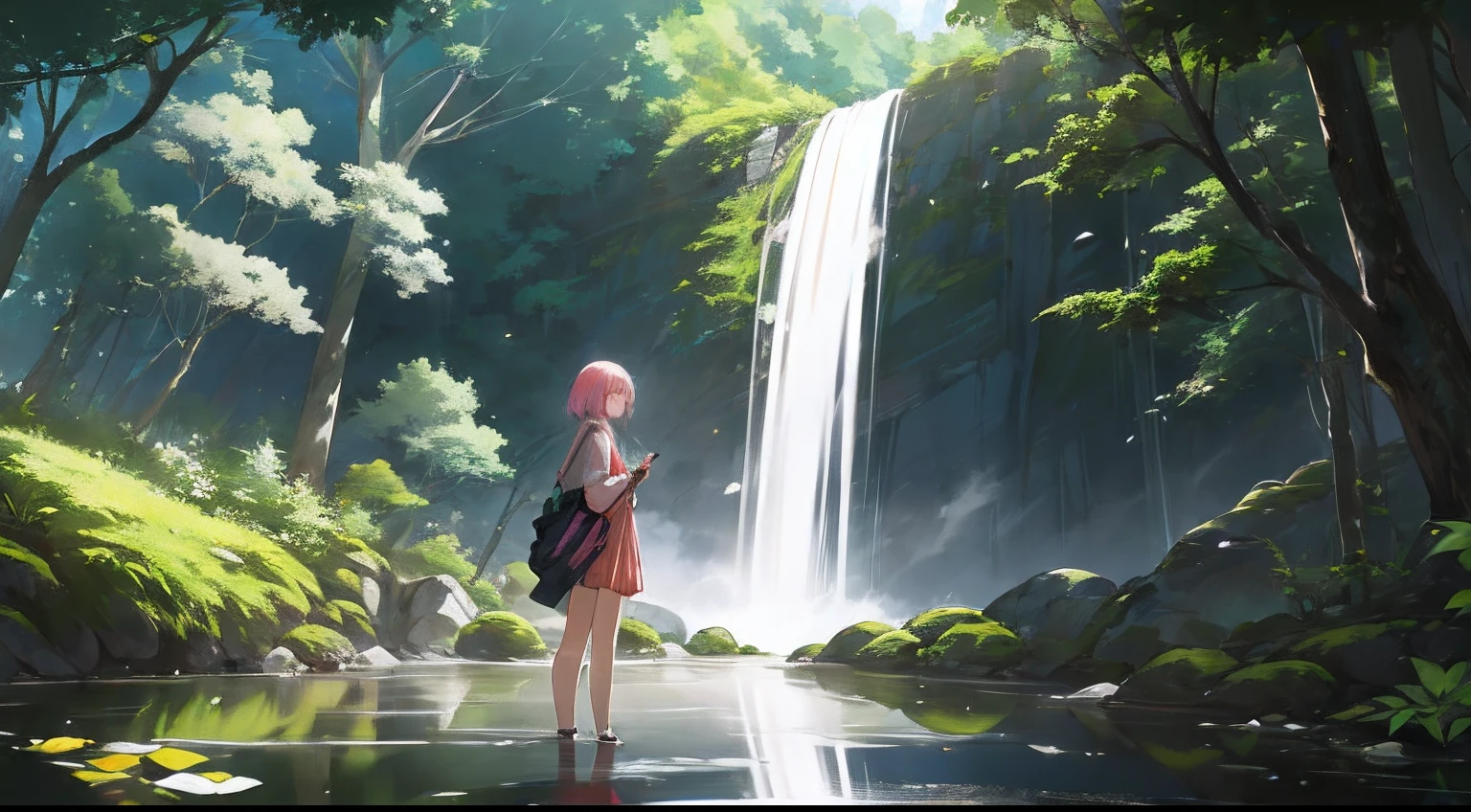 (masutepiece, Best Quality, High quality, hight resolution:1.4), Extremely detailed, Ambient soft lighting, 4K, Outdoors, Nature,Woman standing on a rock looking at a waterfall, Outdoor attire、 forest, Trees, tussock, Plants, Flowers, River,Caustics, Water flow, ripples, (Waterfall:1.2), pond, dense woods, lush foliage, distant, perspective、Perspective、Majestic panorama、HD Detail、Hyper-detailing、movie、Soft light、Deep field focus bokeh、Ray traching、