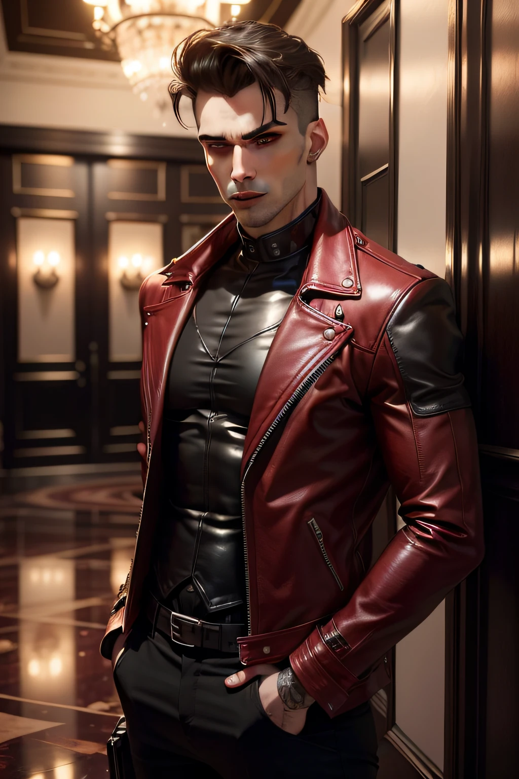 Beautiful gorgeous captivating alluring mesmerizing male vampire. Strong jaw stubble full lips stained with red paint wearing a black leather jacket and standing in the foyer of a beautiful hotel