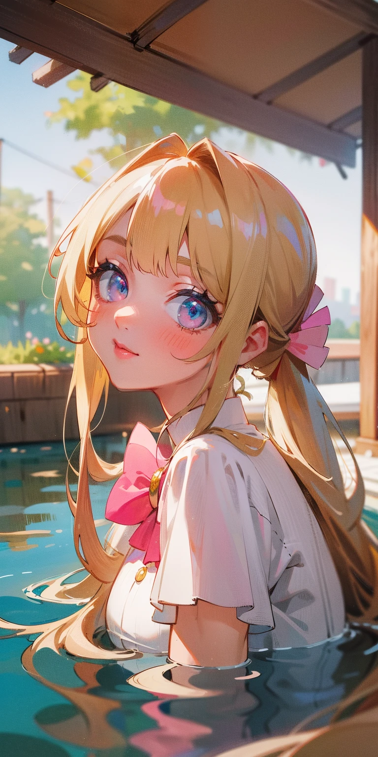 (8K, 4K, Best Quality, hight resolution:1.2), (maasterpiece, Realistic, photos realistic:1.37), 1girll, Solo, Beautiful face, eye lashes, nase, Glossy lips, (Detailed eyes, view the viewer, Fair skin, White skin:1.5), fine complexion, Upper body,
Large breasts, busty, , (:1.5),
outdoor bath,
twosideup, absurdly long hair, Ponytail of Blonde Hair, Pink , Bangs, hair adornments, Bow,
Younger, aged down,