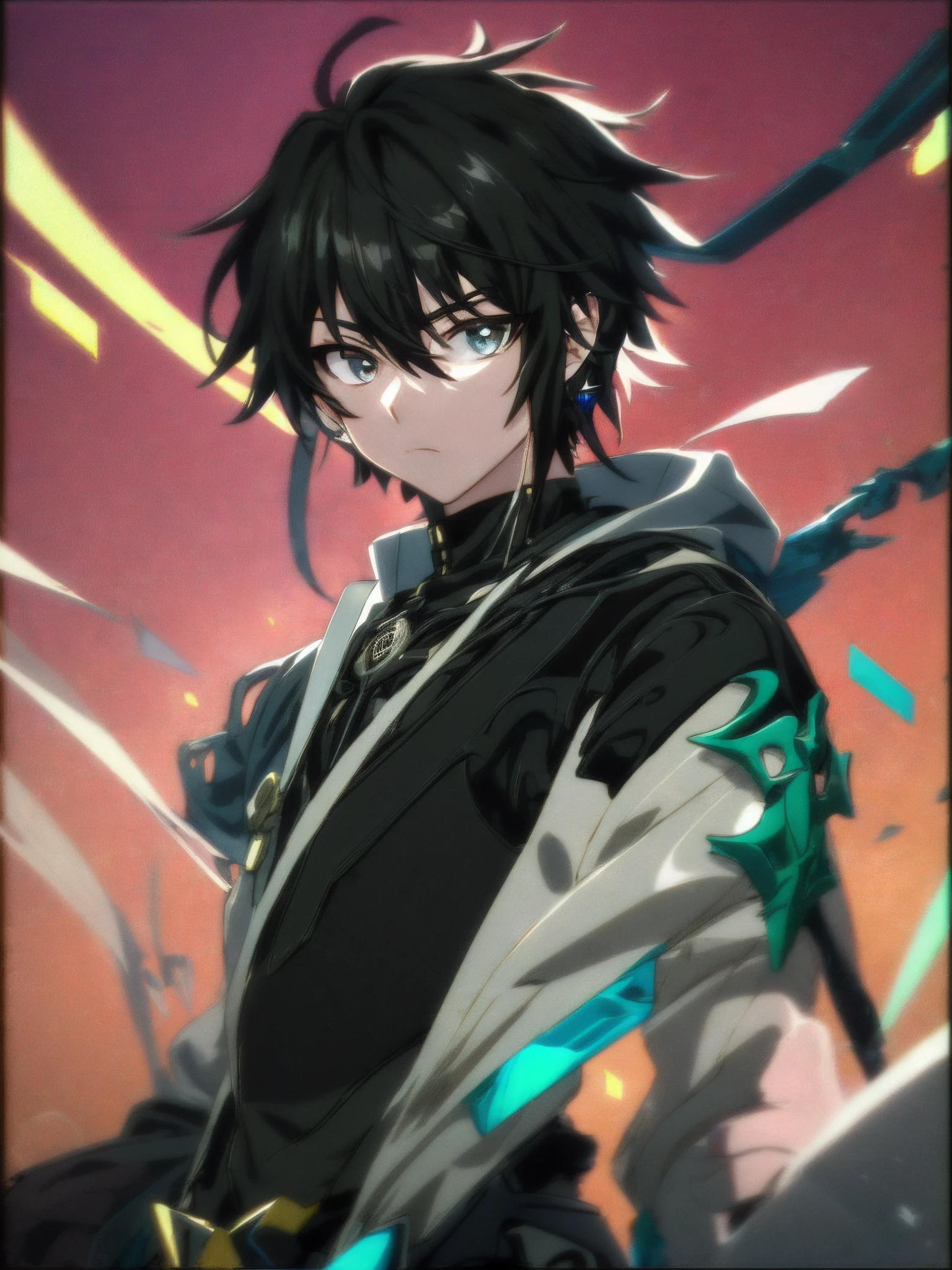 UHD, retina, masterpiece, solo, ((anime boy with black hair and green eyes)), ((pointed ears)), ((wearing black adventuring gear)), ((black outfit)), (((rogue))), (fantasy), (((extremely detailed))), white background, super detail, high details, high quality, award winning, best quality, highres, 1080P, HD, 4K, 8k, 16k