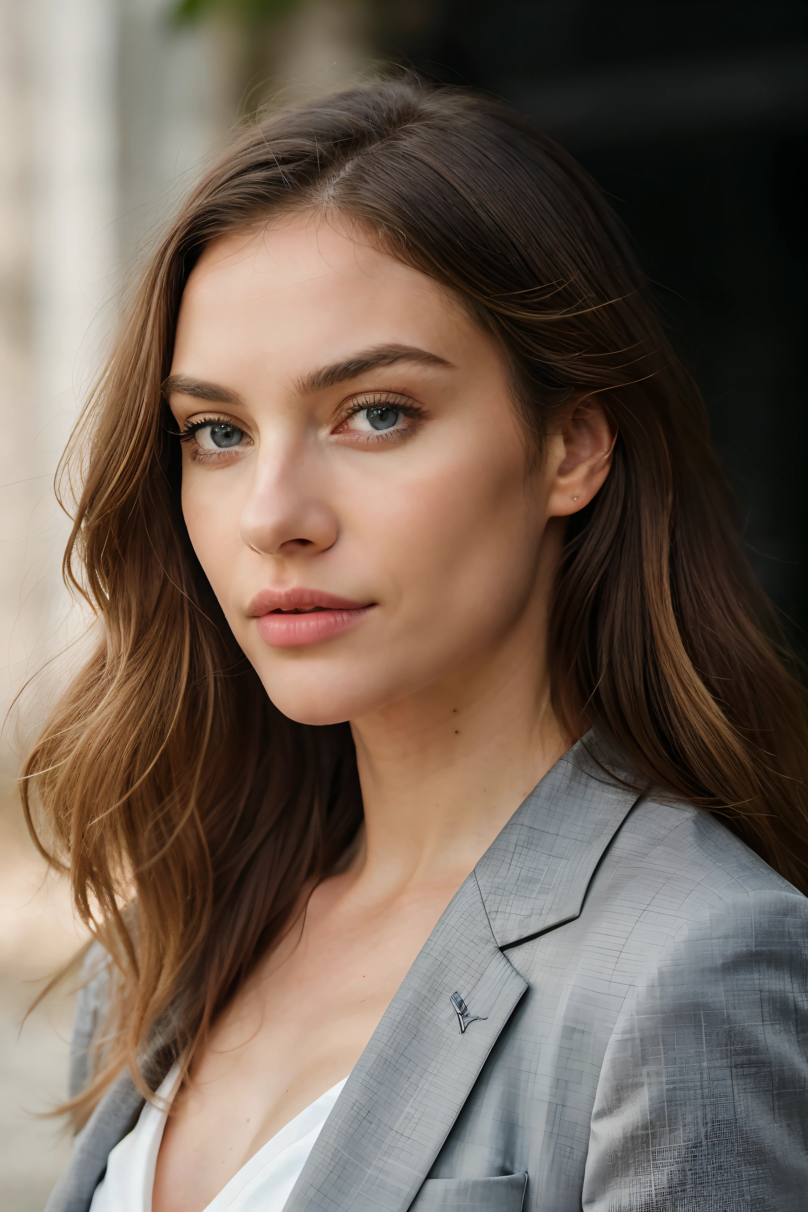Executive woman, long straight blonde hair, wearing a thin and elegant suit, front view, very detailed, 35 years, natural wave hair, blue eyes, high-res, masterpiece, best quality, intricate details, highly detailed, sharp focus, detailed skin, realistic skin texture, texture, detailed eyes, professional, 4k, Canon shot, 85mm, shallow depth of field, Kodak vision color, perfect fit body, extremely detailed, photo_\(ultra\), photorealistic, realistic, post-processing, maximum detail, roughness, real life, ultra realistic, photorealism, photography, 8k uhd, photography (grain of film) medium shot for closeup shot atmospheric dark lighting