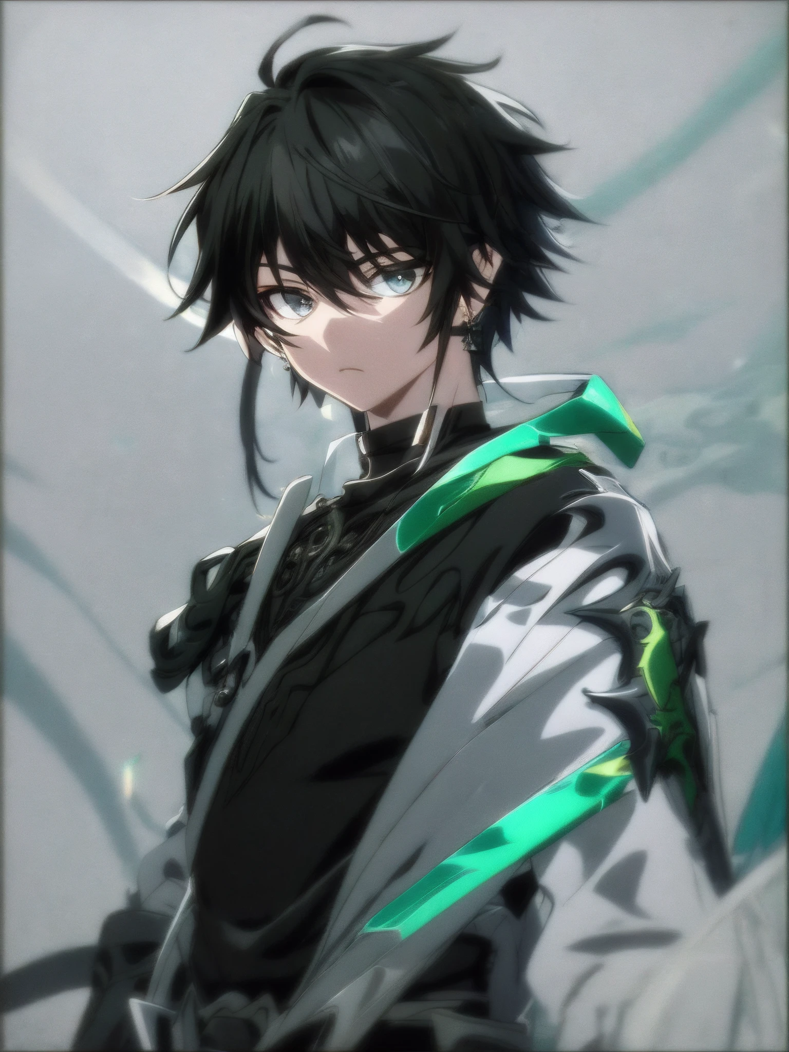 UHD, retina, masterpiece, solo, ((anime boy with black hair and green eyes)), ((pointed ears)), ((wearing black adventuring gear)), ((black outfit)), (((rogue))), (fantasy), (((extremely detailed))), white background, super detail, high details, high quality, award winning, best quality, highres, 1080P, HD, 4K, 8k, 16k