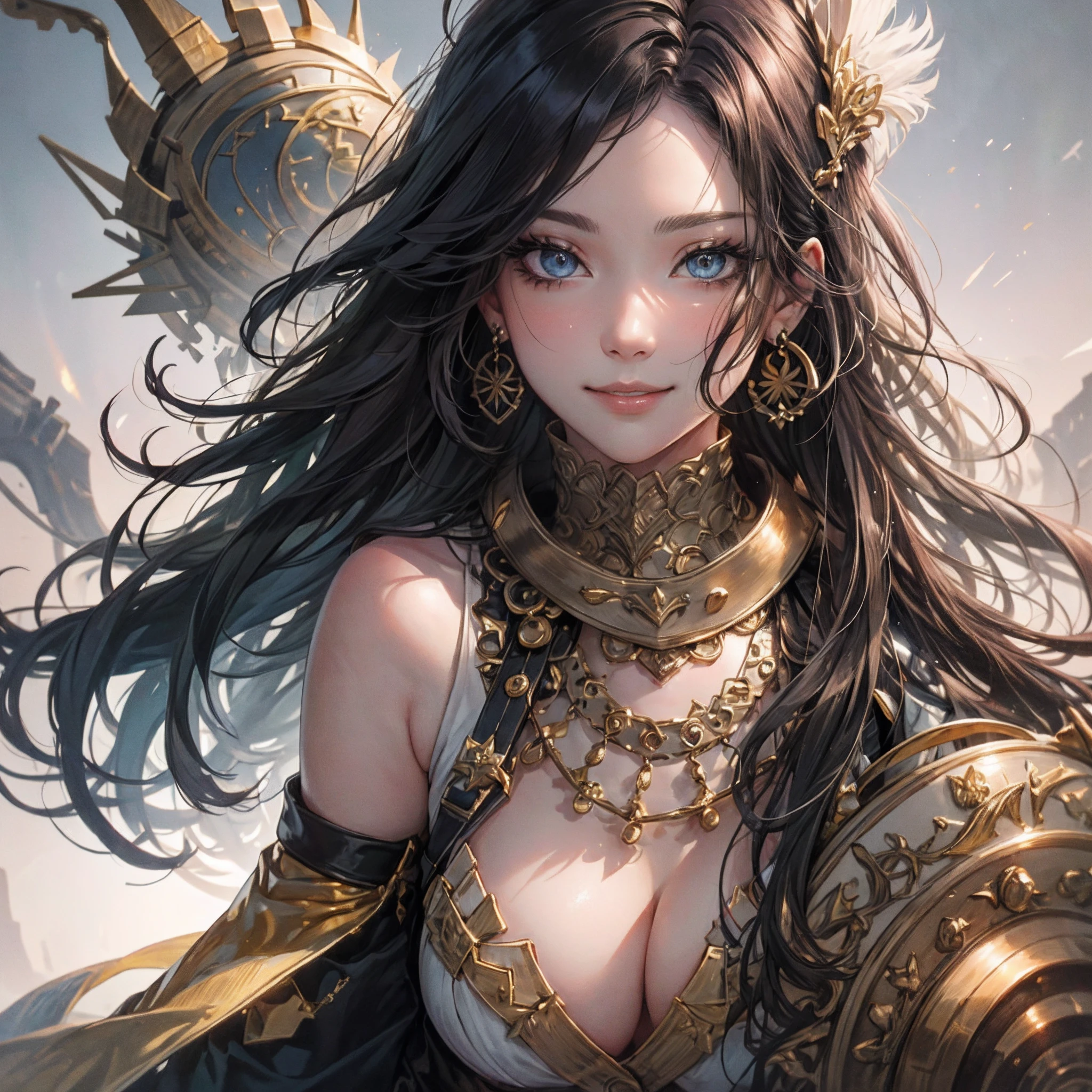facial closeups，best qualtiy，tmasterpiece，medium boob，4K分辨率，long  skirt，Sexy facial features，largeeyes，Gold earrings and necklace，Long brown wavy hair，Look at the audience with a smile，Dark light，二重まぶた，beautidful eyes，Nordic female facial details，Unbelievably ultra-detailed and shockingly realistic