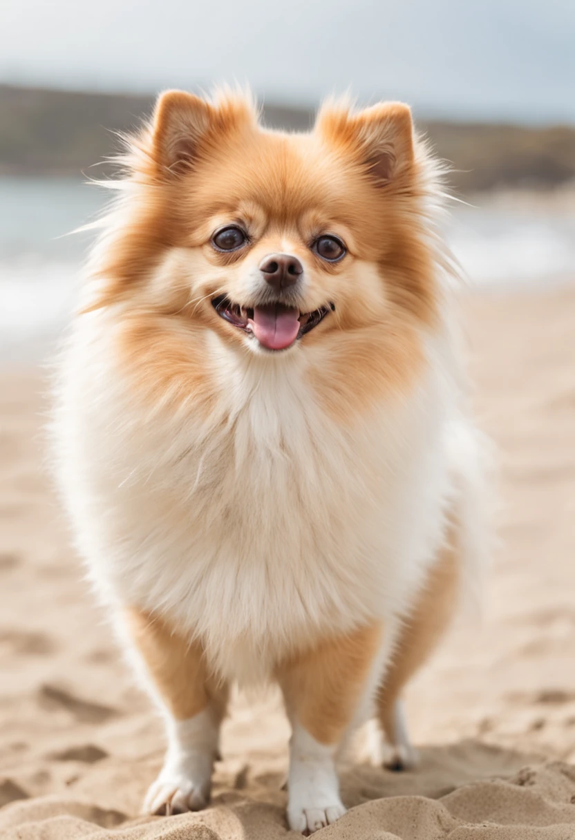 Happy German spitz dog playing on the beach, fundo desfocado, highes definition, cinematographic scene