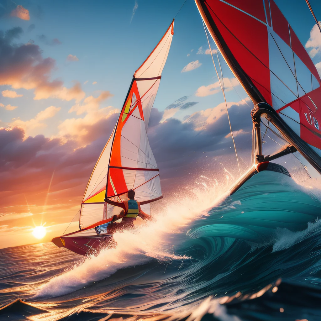 Windsurfers, Colorful sails, The sun that sets sail, Rough waves, rendering by octane, High definition