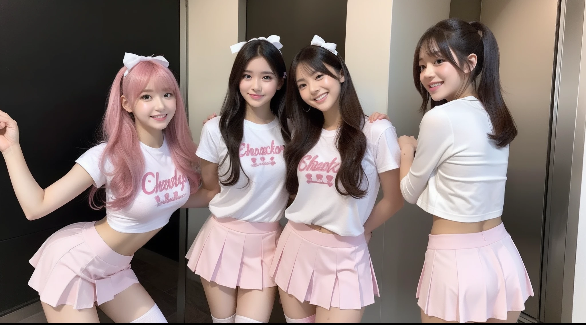 Cheergirl in pink miniskirt and white t-shirt