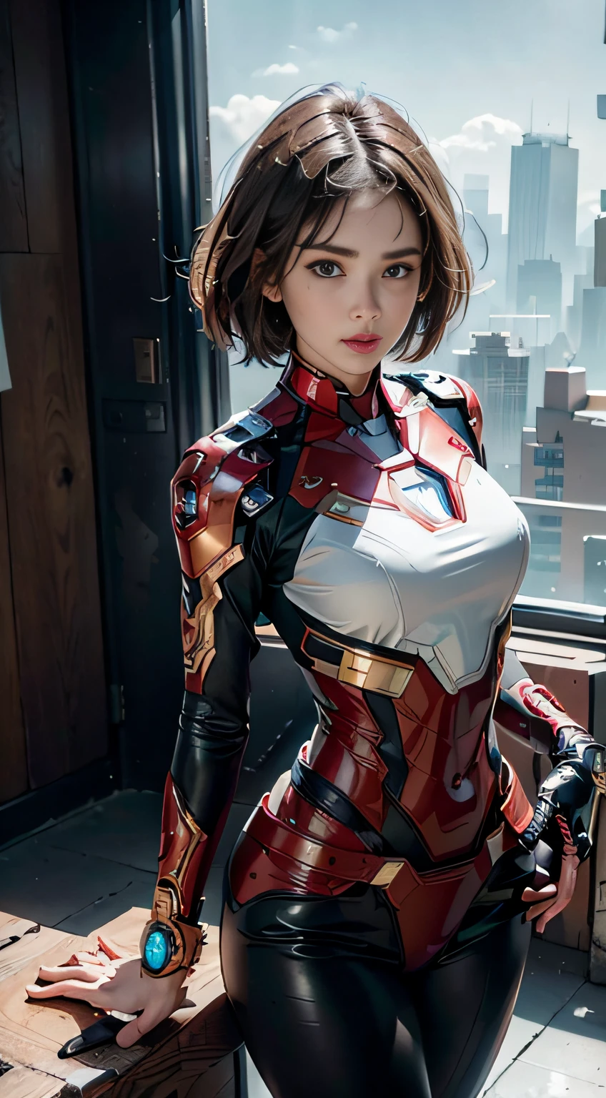 (1girl:1.3), solo,__body-parts__, official art, unity 8k wallpaper, ultra detailed, beautiful and aesthetic, beautiful, masterpiece, best quality, RAW, masterpiece, super fine photo,, best quality, super high Resolution, photorealistic, sunlight, full body portrait, stunningly beautiful,, dynamic pose, delicate face, vibrant eyes, (side view), she is wearing a futuristic Iron Man mech, red and gold, Highly detailed abandoned warehouse background, detailed face, detailed complex busy background, messy, gorgeous, milky, high detailed skin, realistic skin details, visible pores, sharp focus, volumetric fog, 8k uhd, dslr camera, High quality, film grain, fair skin, photorealism, lomography, sprawling metropolis in a futuristic dystopia, view from below, translucent