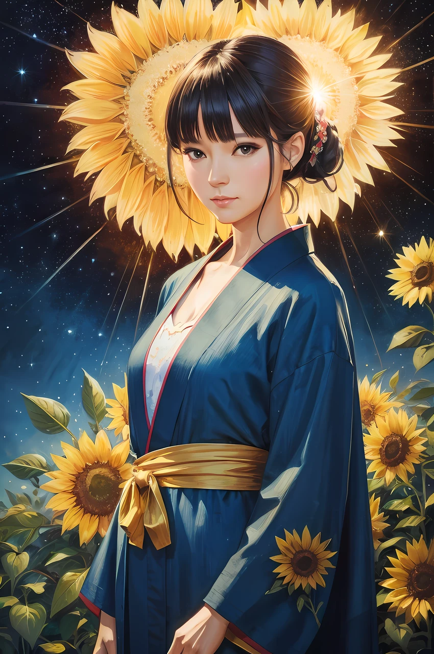 Abstraction oil painting illustration, hyper detailed painting, masterpiece, (full body behind portrait), from behind, Go pro,
BREAK,
standing on the bridge, a beautiful night lake under full-covered fireworks dark oil painting background, sunflower, water reflection, lots of firefly,
BREAK,
a extremely attractive and beautiful Caucasian milf dressed in sunflower printed blue Yukata, (portrait of 55 years old), beautiful clean face, detailed face, chignon hair with bangs, beautiful detailed hair, beautiful detailed eyes, soft and smooth skin, lovely look, perfect anatomy,
BREAK,
(frame the head), Centered image, stylized, cinematic light, bokeh, stylish fashion pose, long exposure, back light, magic scene, 8 life size, 8k resolution, trending on Artstation, HDR, human hands, approaching perfection, wind, highly detailed, concept art, smooth, facing directly at the viewer positioned so that their body is symmetrical and balanced, clean brush stroke, detailed hairstyle, golden ratio, sharp focus, hyper-sharp image.