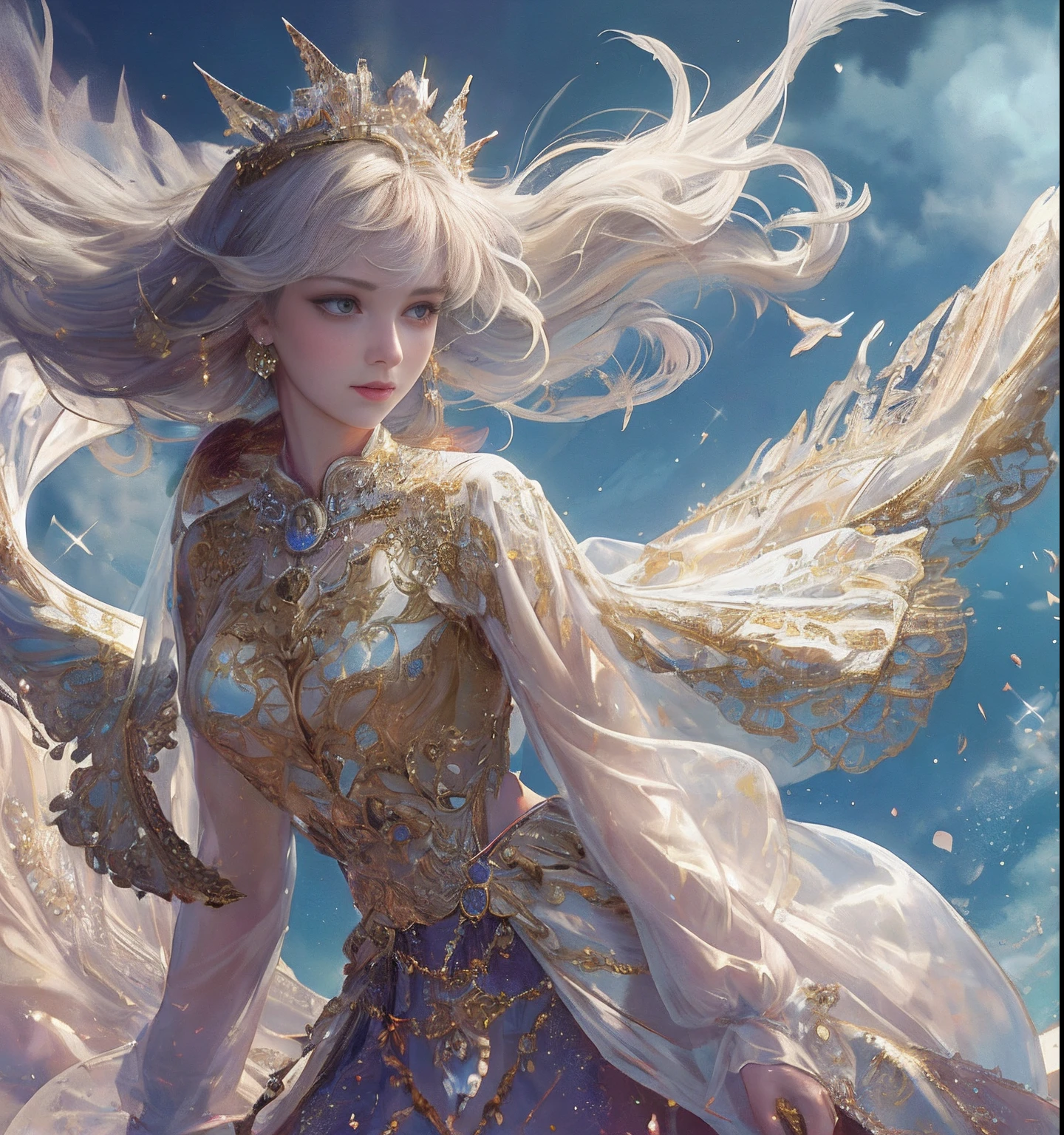 tmasterpiece,Highest high resolution,detailed detail,1girll, dress, flower meadow around soft light, Sharp, exposure blend, Medium shot, Bokeh,Low saturation, hdr, Skin texture, hyper photorealism, Soft light, Princess woman, Blue, Pastel, glitters, Dramatic, Dreamy, Pastel, aquarelle, Whimsical, Delicate, Gorgeous golden shell crown, Perfect body, full bodyesbian, Dreamy, Pastel, aquarelle,epic realistic, Photo, documentary film footage, High resolution photography, Textured skin pores, Real Human, Detailed skin texture, cinematic movie image, upperbody shots, cinematic grain, Cinematography, intricately details, Crafted, Meticulous, Magnificent, max details, extremely hyper aesthetic