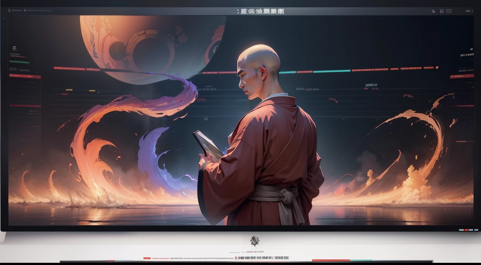 (Digital Painting)、(top-quality)、Large screen displayed on male background、Jedi Master is lecturing、Man Giving Speech In Front Of Big Exchange Chart、Large chart screen in the background、There is only a chart in the candlestick chart background.、Full-size monitor chart、Chart Forex、Giant Forex Charts and Index Charts、Graph showing price movements、championship、Forex Chart Monitoring、FX、exchange、Ukiyo-e Art Style、Hokusai's inspiration、Mass deviant art、8K Ultrareal、Pastel color scheme、Painting Vivid painting of a man in robes with crossed arms、Inspired by Jakuchu Ito、Inspired by Anchi Kaigetsudo, an ancient monk of the Japan、Inspired by Kano Exploration、Inspired by Yonesuke Ito Ogura、Inspired by Koshiro Onchi