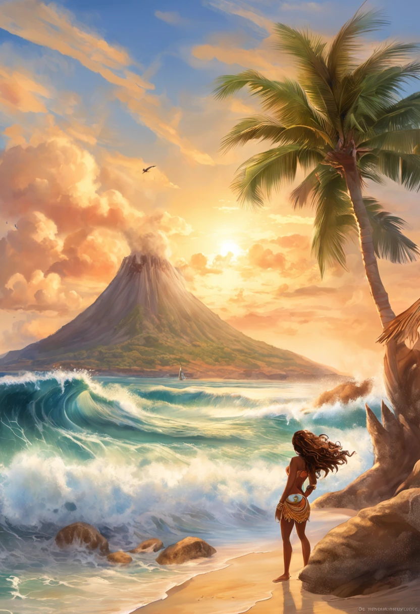 epic movie poster, volcano erupting, award winning (full body:1.3) portrait photo of a (moana:1.2), (seashell bikini:1.2), (water goddess:1.2), tribal tattoos, (wading:1.2) in the pacific (ocean:1.1), arms behind head, (partially submerged shot:1.2), (waves:0.9), desert island background, palm trees, beach,fluffy clouds in the sky, outrun, vaporware, trending on artstation, highly detailed, fine detail, intricate, (lens flare:0.9), (backlighting:0.9), (bloom:0.9), [Style-Micro::10]