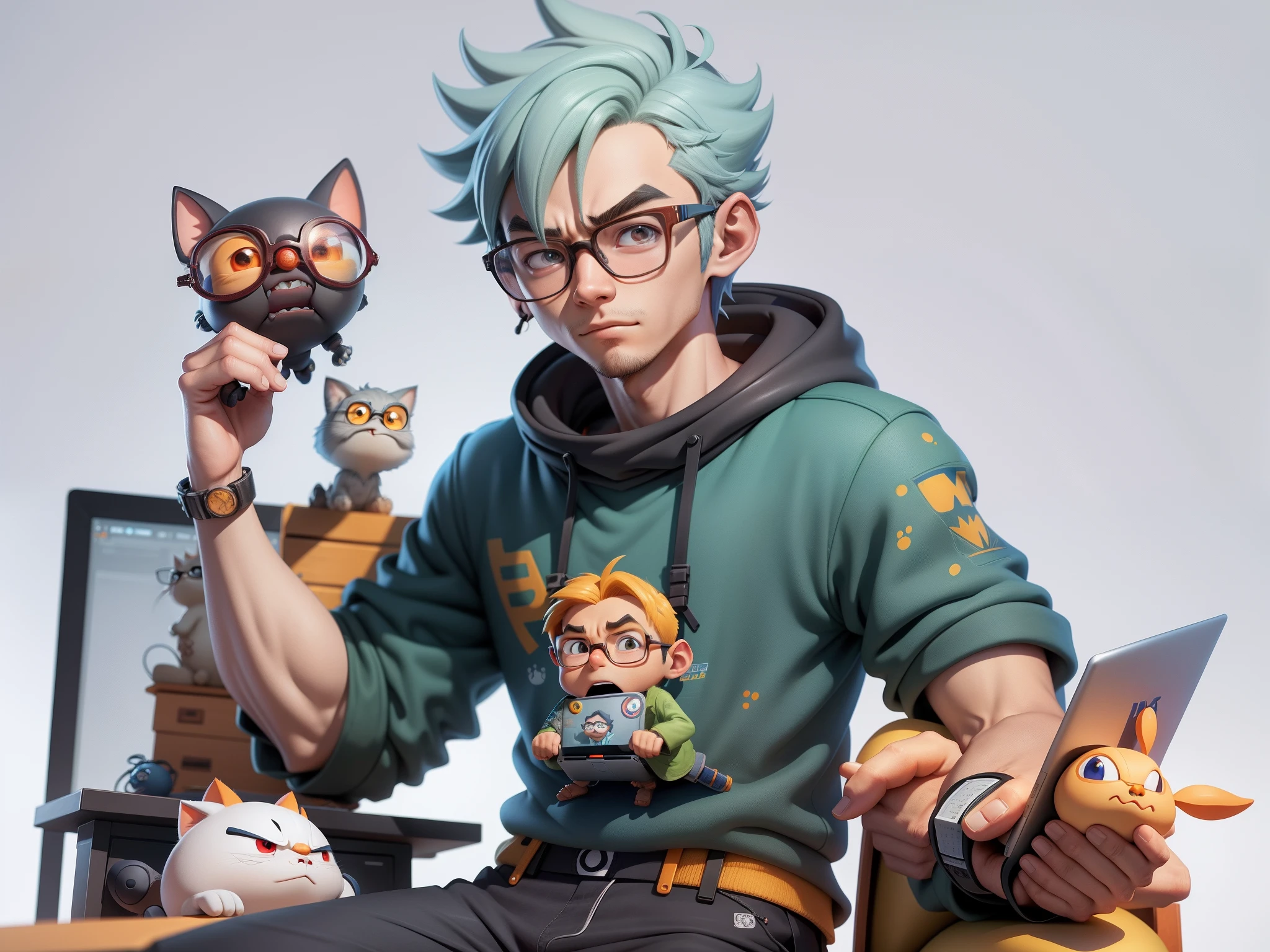 A young man with glasses sits at his desk,holding laptop,digitial painting,3D character design by Mark Clairen and Pixar and Hayao Miyazaki and Akira Toriyama,4K HD illustration,Very detailed facial features and cartoon-style visuals。