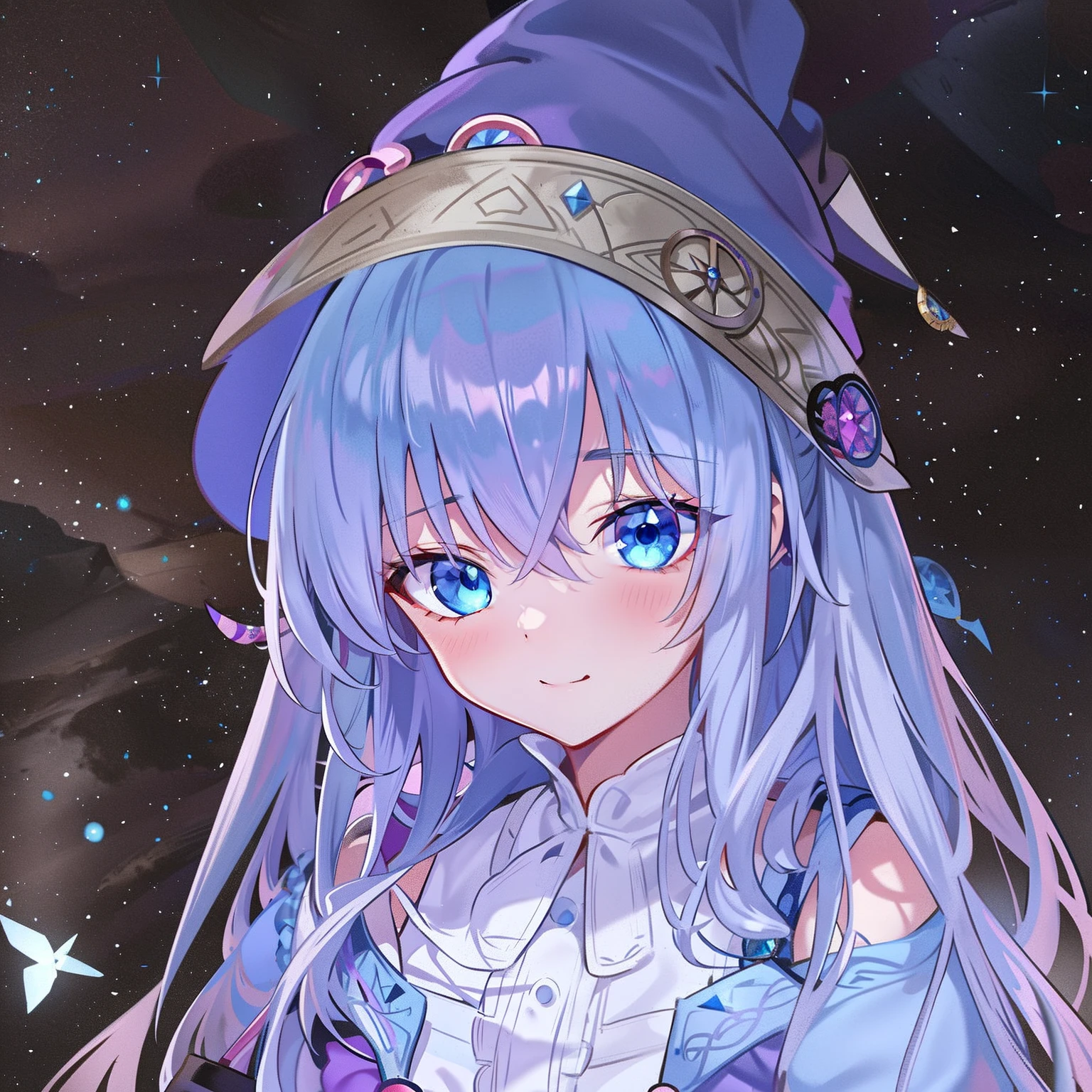 anime girl with blue eyes wearing a purple hat and blue dress, guweiz, sky witch, beautiful wizard, guweiz on pixiv artstation, detailed digital anime art, atelier lulua, alchemist girl, artwork in the style of guweiz, zerochan art, flirty anime witch casting magic, guweiz on artstation pixiv
