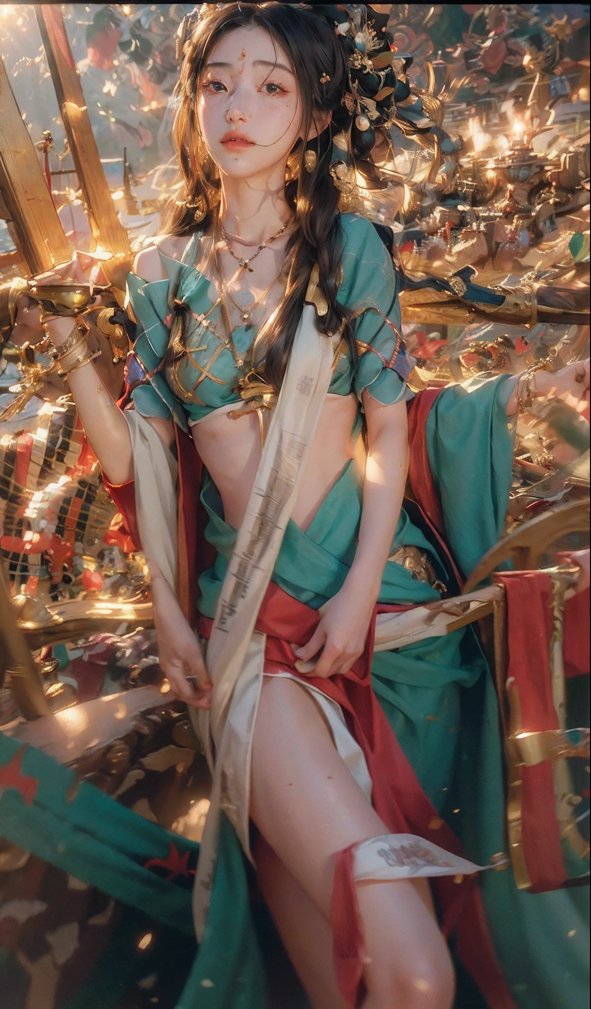 (RAW photo, best quality), (realistic, photo-realistic:1.3),best quality,highly detailed,masterpiece,ultra-detailed,illustration,1girl,upper_body,dynamic angle,world masterpiece theater,messy_long_hair,best quality,extremely detailed CG unity 8k wallpaper,ink,Amazing,cinematic lighting,lens_flare, dunhuang_style