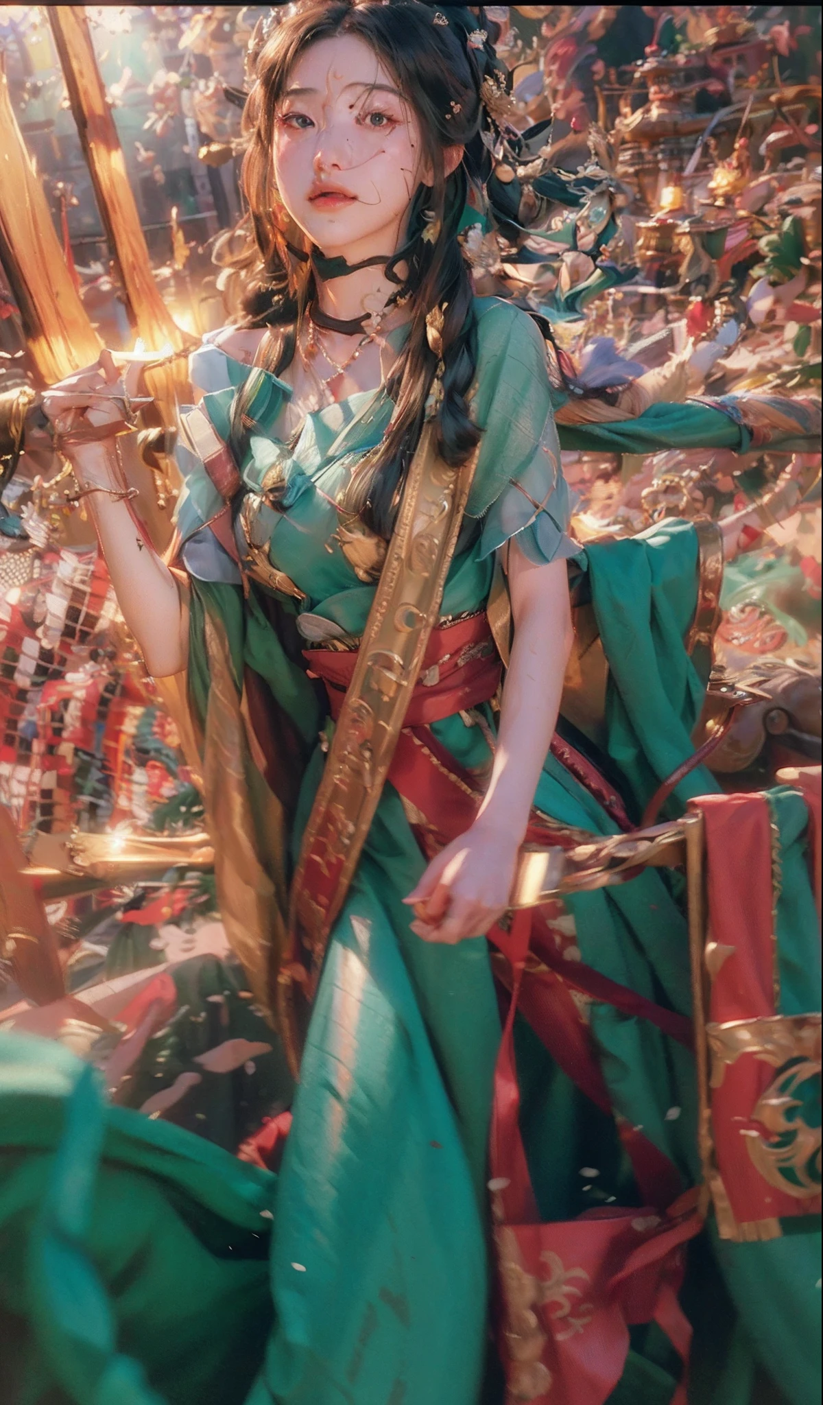 (RAW photo, best quality), (realistic, photo-realistic:1.3),best quality,highly detailed,masterpiece,ultra-detailed,illustration,1girl,upper_body,dynamic angle,world masterpiece theater,messy_long_hair,best quality,extremely detailed CG unity 8k wallpaper,ink,Amazing,cinematic lighting,lens_flare, dunhuang_style