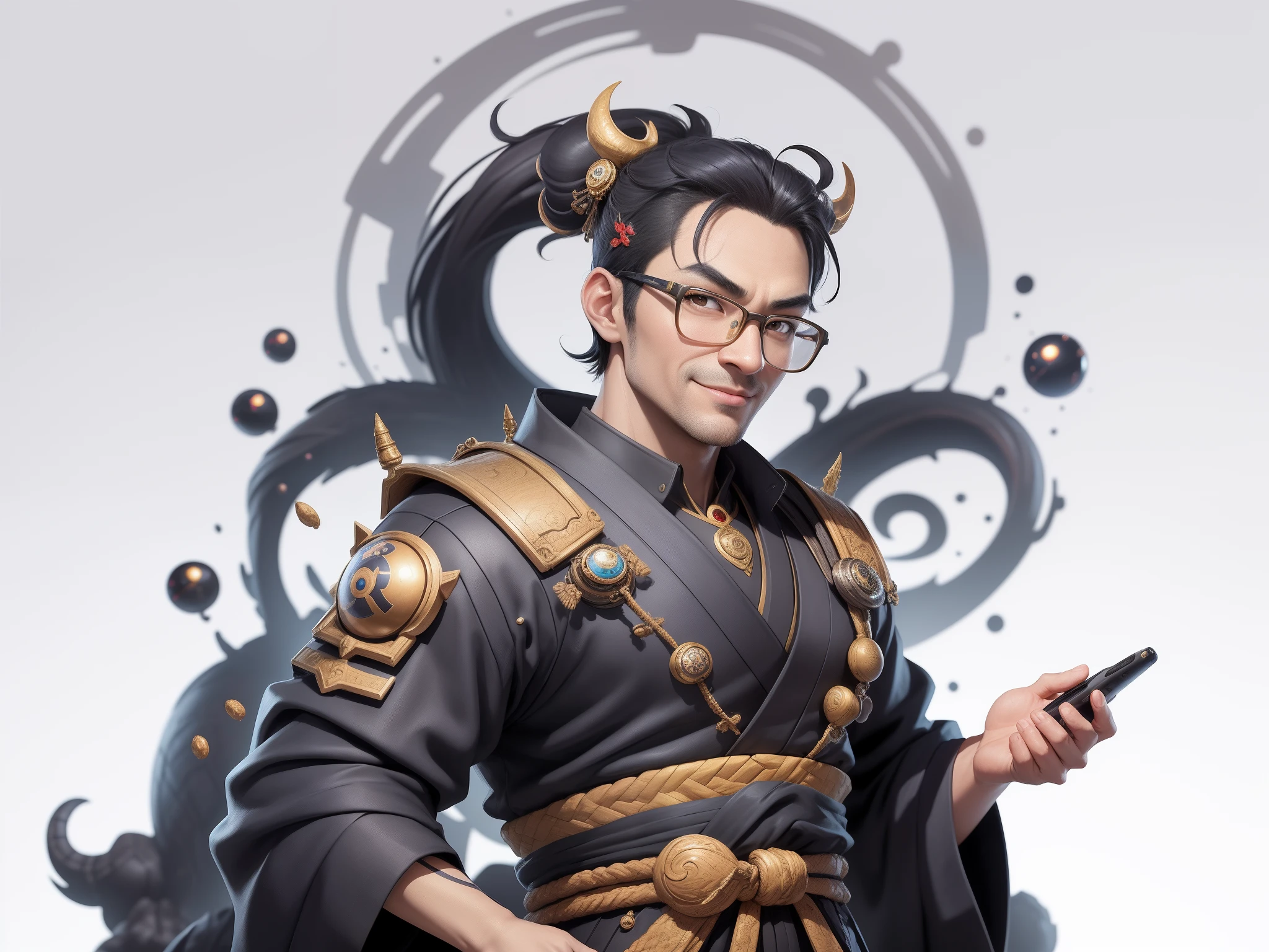 (Masterpiece), (Excellent), (Super Meticulous), (Full Body: 1.2), Super Young Man with Japanese Female Geisha, Pretty, Beautiful, Chinese Dragon, Tiger, Wind God Thor, Sexy, Bursting, Oriental Face, TV Anchor, Bust Portrait Illustration, Black Suit, Blue Tie, Slightly Chubby Face, Silver Glasses, Very Clean Face, No Beard on Chin, Black Super Short Hair, Black Eyes, Confident Smile, 3c Computer Sub-Products, iPad, iPhone, Digital Painting, 3D character design by Mark Clairedon and Pixar and Hayao Miyazaki and Akira Toriyama, the illustrations are HD illustrations in 4K resolution with highly detailed facial features and cartoon-style visuals.