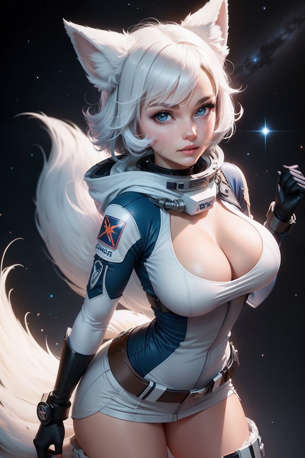 Design a Space Scout logo with white fox elements,has cleavage,The style is cartoon